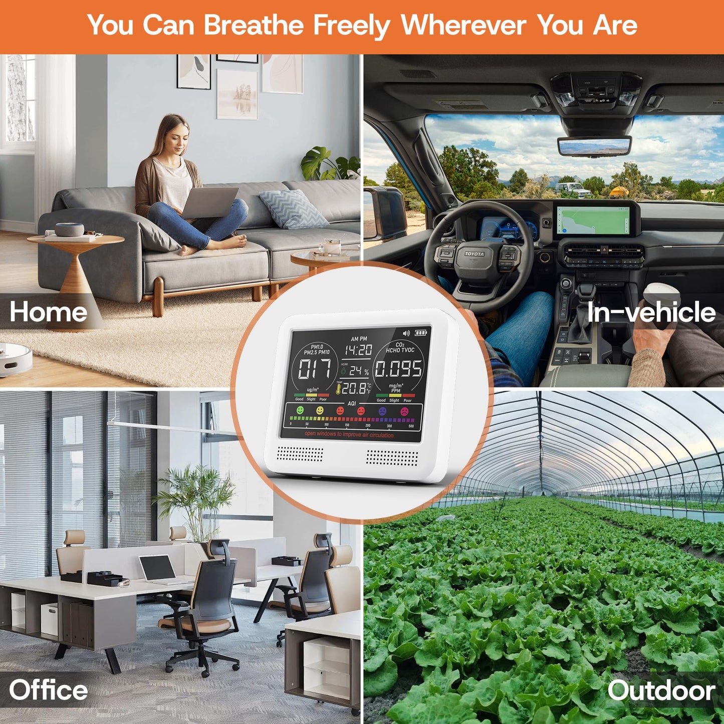 16-in-1 Indoor Air Quality Monitor with PM1.0,PM2.5,PM10,CO2,HCHO,TVOC,Temperature,Humidity,Time Display &7 AQI Alarms – Professional Air Quality Tester for Home, Office & Indoor Use (Creamy White)