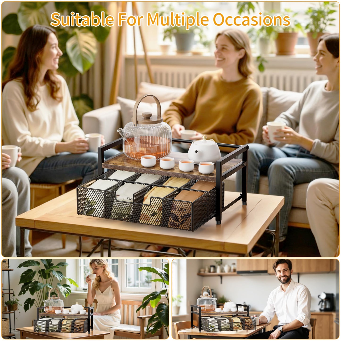 Segtenant Tea Bag Organizer, Tea Bag Holder with Drawer, Wood and Metal Tea Organizers and Storage Chest for Countertop Kitchen, Office, Rustic Brown