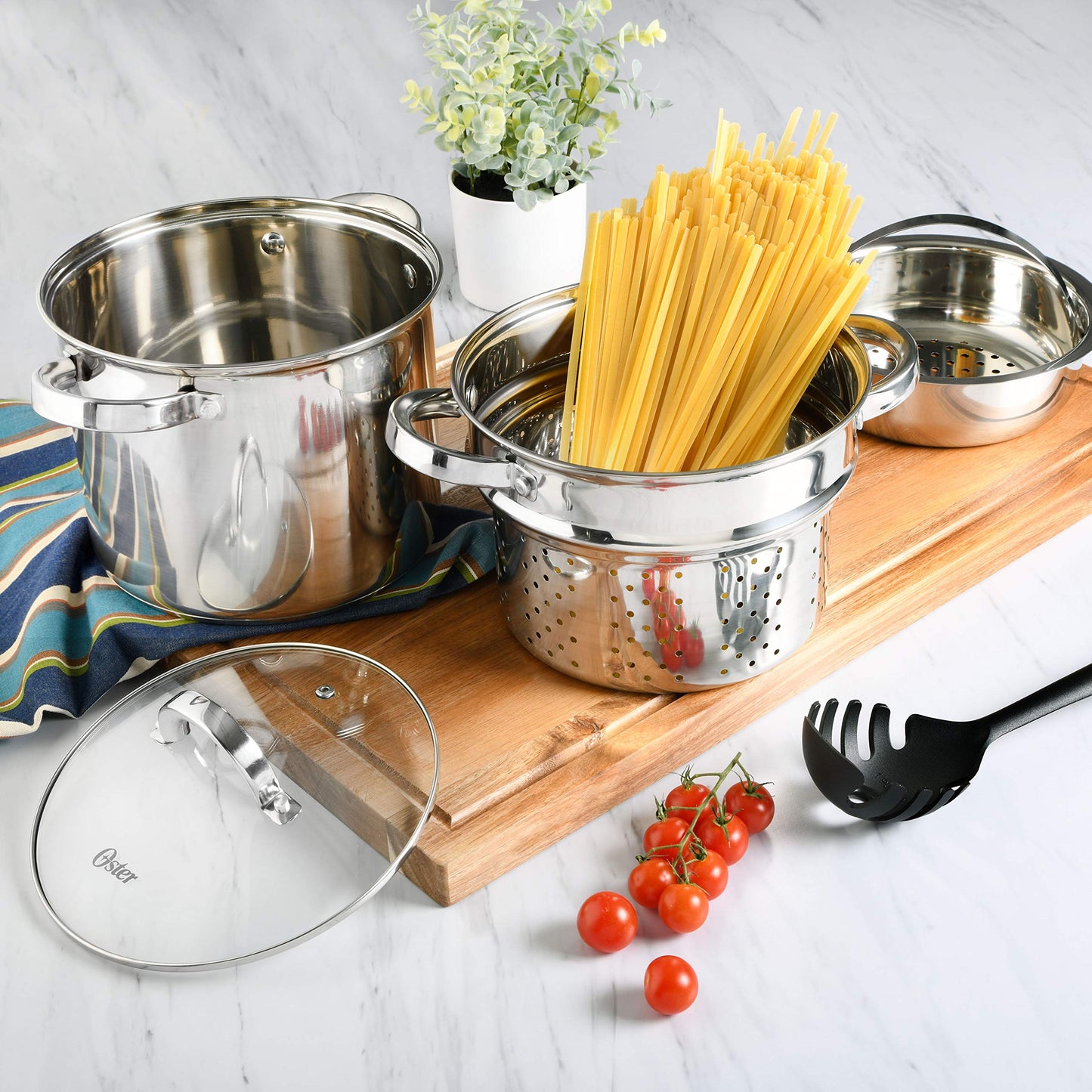 Oster Sangerfield 5-Quart Stainless Steel Pasta Pot Set with Steamer Basket and Lid – Durable Kitchen Cookware for Boiling and Steaming