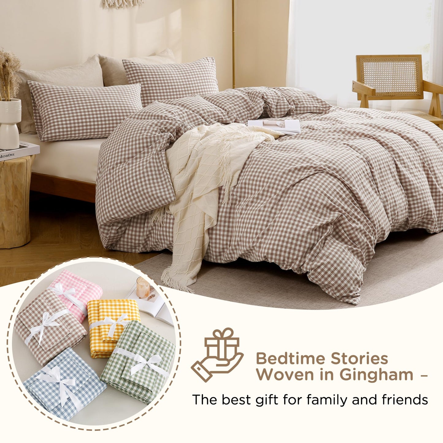 TOCOMOA Tan Gingham Duvet Cover Bedding Set 100% Washed Cotton Like Linen Feel Super Soft Comfy 3 Piece Brown Vintage Plaid Checkered Fall Comforter Cover Set (Queen 90"x90", Comforter Not Included)
