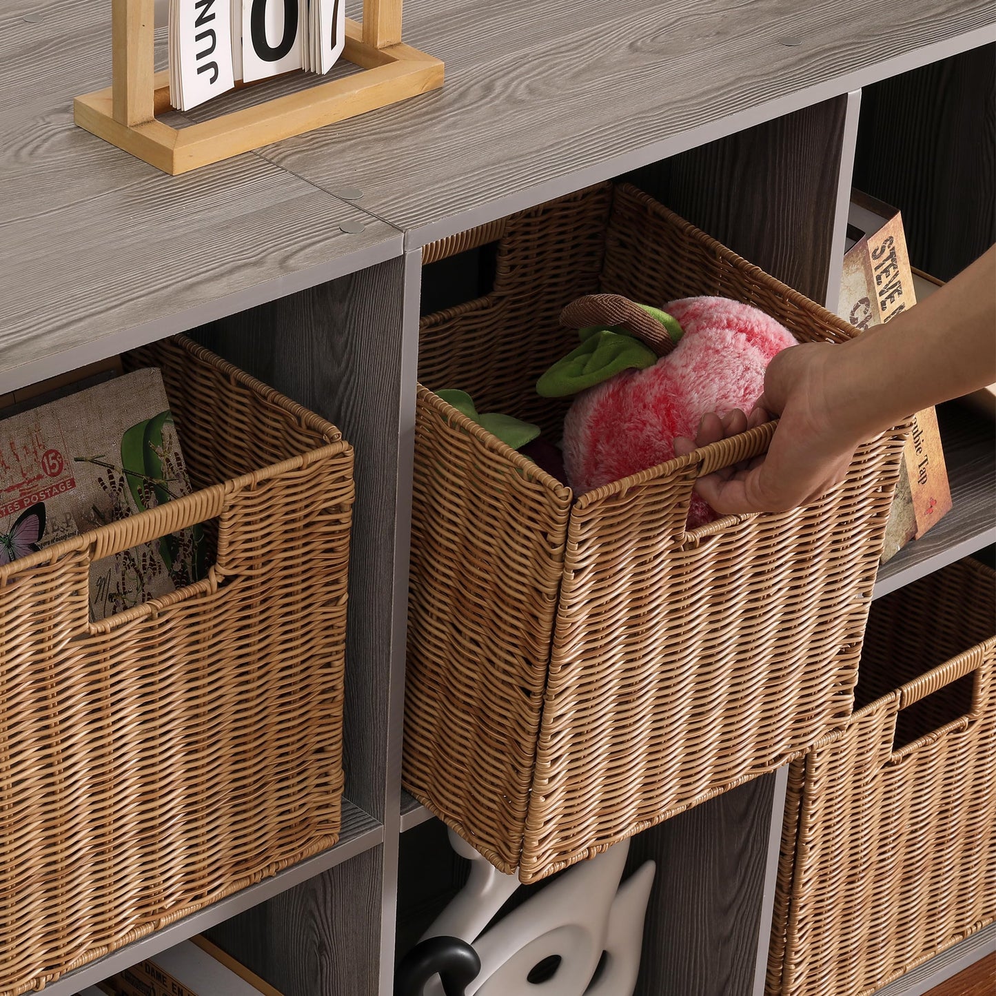 10.5 x 10.5 in Plastic Wicker Baskets for Cube Storage, Collapsible Square Wicker Storage Basket Set of 3, Rattan Storage Cube, Square Baskets for Shelves - Khaki