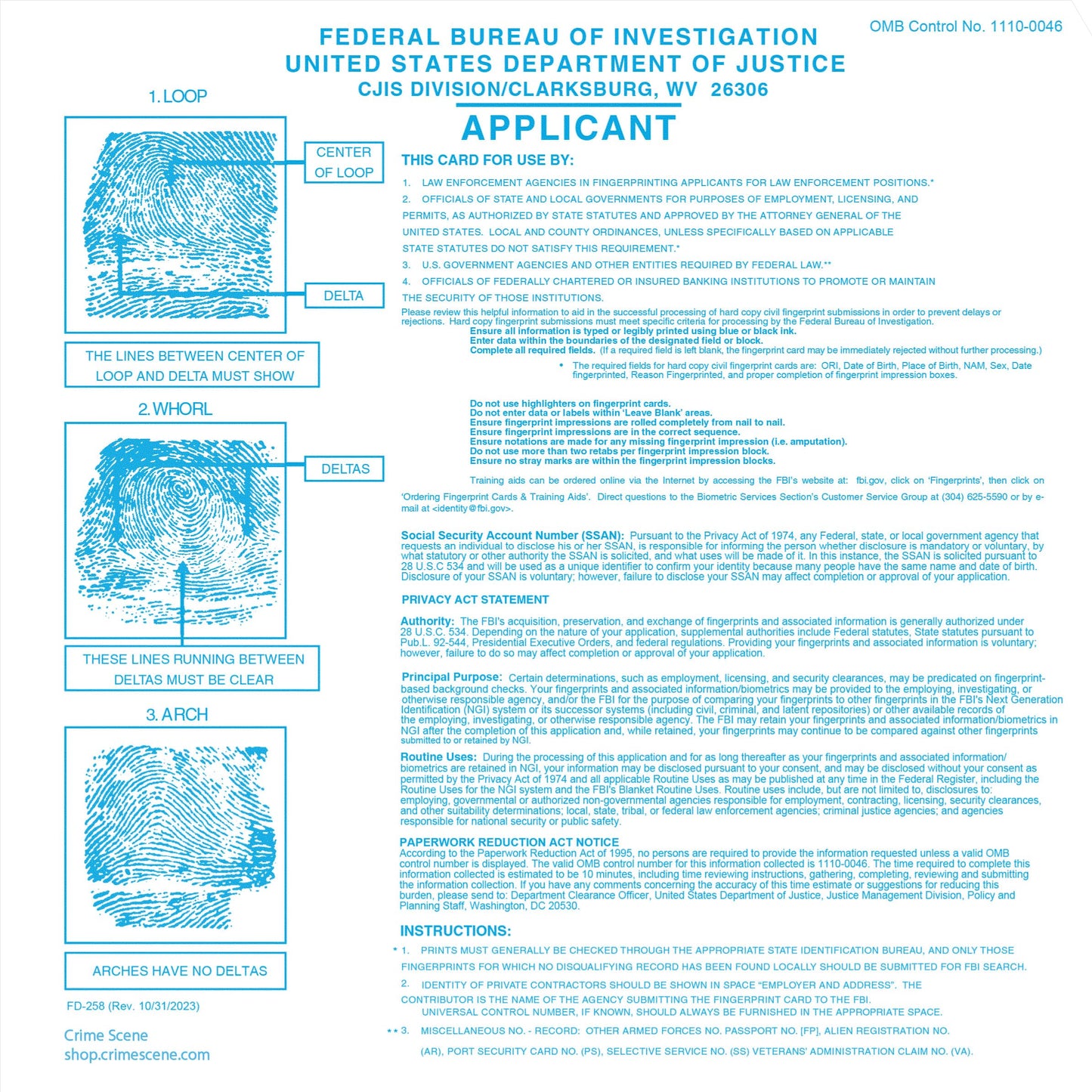 Crime Scene Fingerprint Cards, Applicant FD-258 (250 Pack)