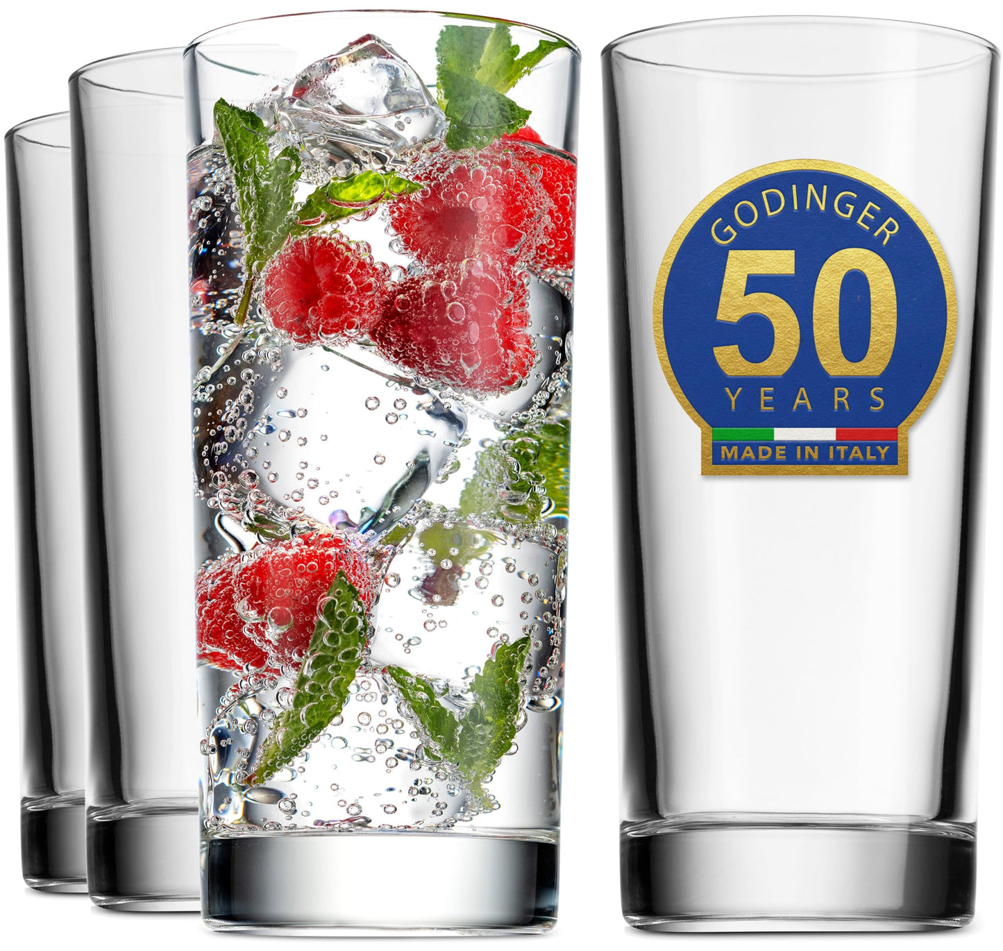 Godinger Highball Drinking Glasses, Italian Made Tall Glass Cups, Water Glasses Drinking Set, Cocktail Glasses - 14oz, Set of 4, Made In Italy