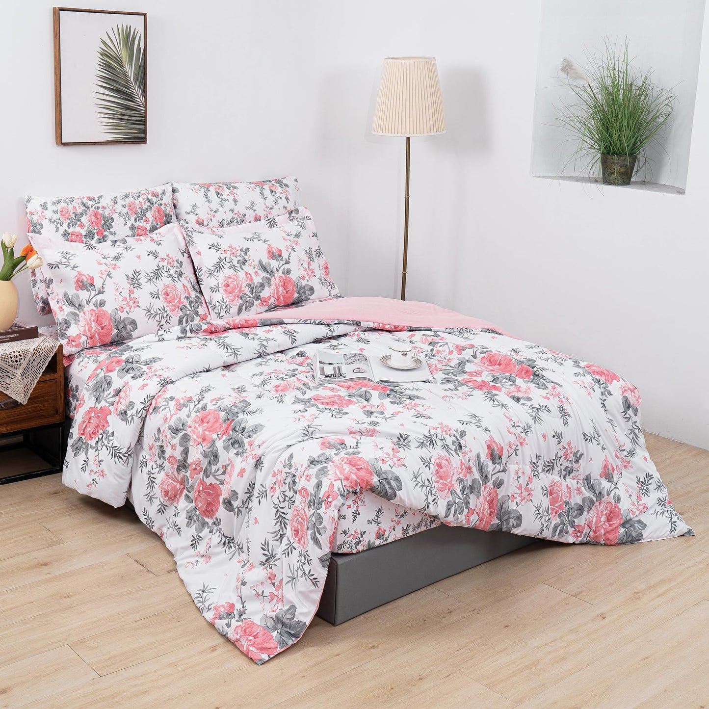 lasoftan Floral Queen Comforter Set with Sheets, 7 piece Luxury Vintage Bedding, Soft Microfiber Bed in a Bag, Cozy Lightweight Bed Set, Pink Flower Grey Leaf