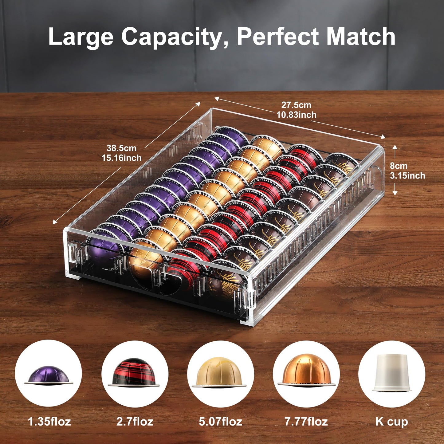 BLACKSMITH FAMILY Coffee Pod Drawer Organizer for Nespresso Vertuo Pods,Acrylic Coffee Pod Holder Holds 40 Large or 60 Small Capsules,Pull-Out Drawer with Anti-Slip Base for Countertop（Matte Black)