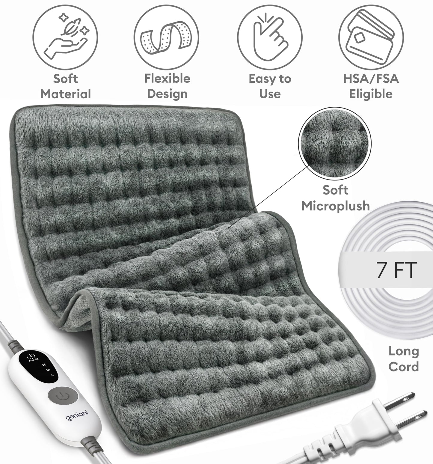 GENIANI Back Pain & Relaxation Gifts for Women – Electric Heating Pad for Back, Neck & Shoulders, Soft Microplush Electric Throw Heating Pad for Period Comfort, Fast Heating, Auto Shut Off, 12"x24"