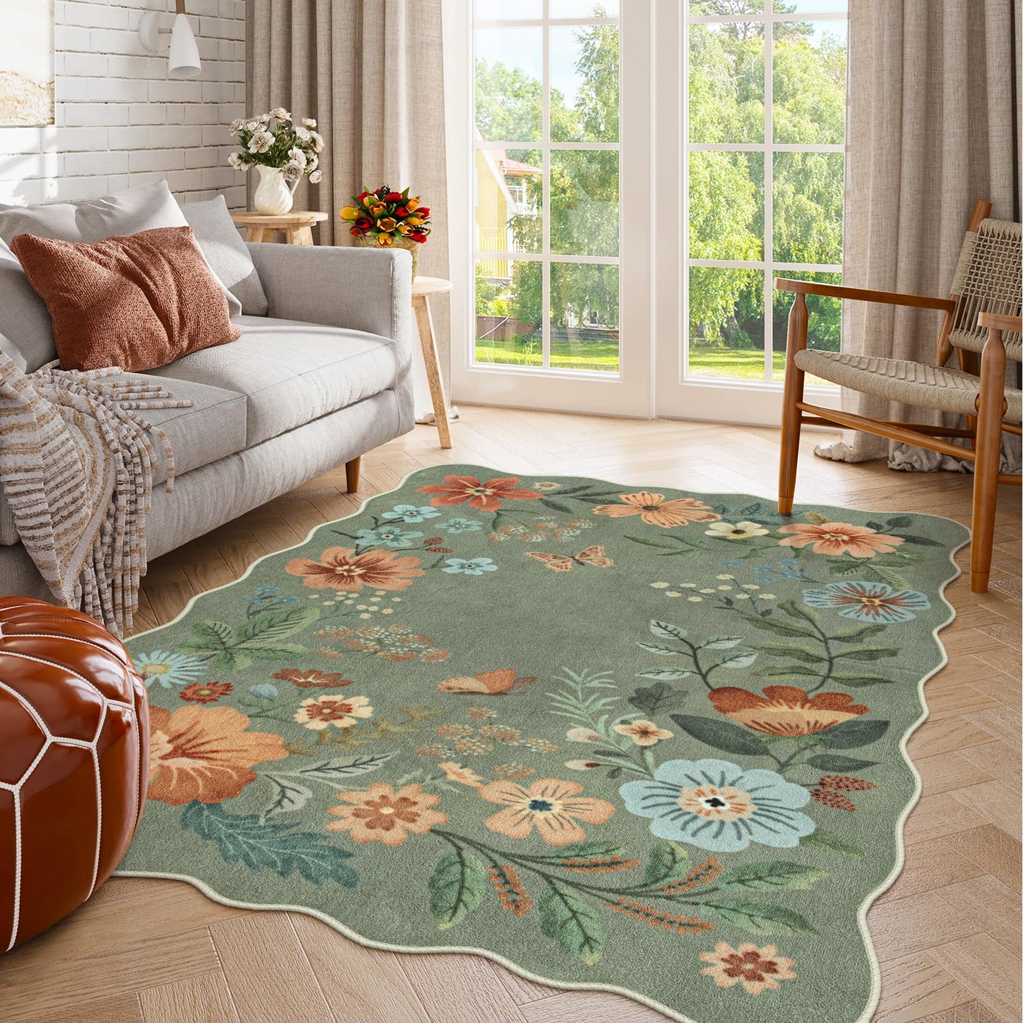 Lahome Floral Washable Rugs, 4X6 Rug for Bedroom Ultra-Thin Soft Dining Room Rug, Non-Slip Living Room Rugs Stain Resistant Boho Rug Lightweight Flore Throw Rug for ‎Office (4x6ft,Green)