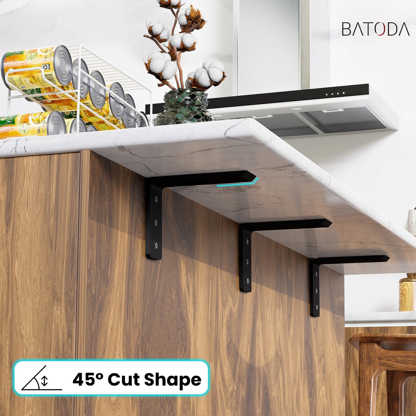 BATODA 8” Countertop Support Steel Brackets (4 PCS) for Large Granite - Heavy Duty L Floating Shelf Bracket - Black Metal Wall Mounted Support for Wood Shelving