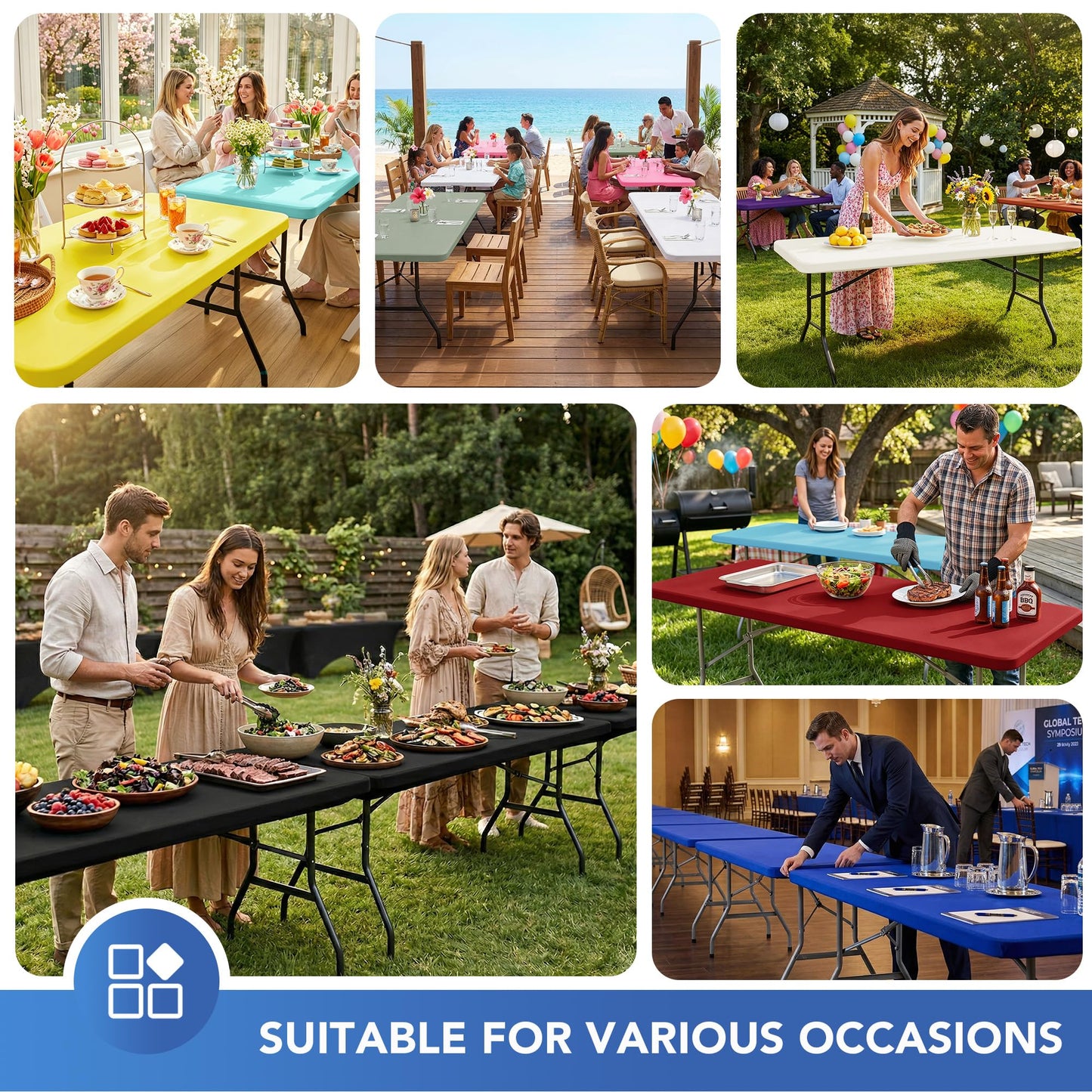 Enjoyidea Fitted Tablecloth for 8 Foot Rectangle Tables-6 Pack Black Elastic Outdoor Picnic Table Cover-Spandex Stretch Folding Table Cloths 8ft for Camping Dining Room Patio Kitchen Banquet Party