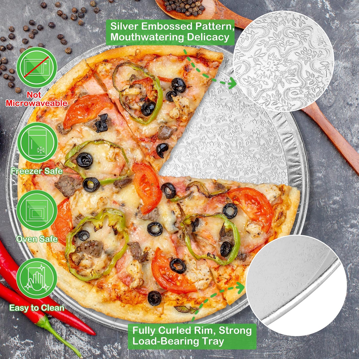 Roponan 15 Pack Serving Platters 16”, Large Disposable Aluminium Foil Serving Trays for Parties, Silver Embossed Foil Serving Dishes/Plates for Vegetable, Fruit, Slices of Cake, Cookies