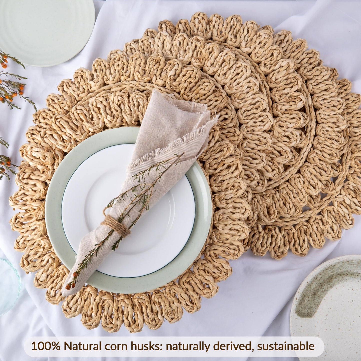 13.8" Corn Husk Woven Round Placemats Set of 6 - Wicker Boho Farmhouse Placemats - Rattan Table Mats for Dining Table, Wedding, Home