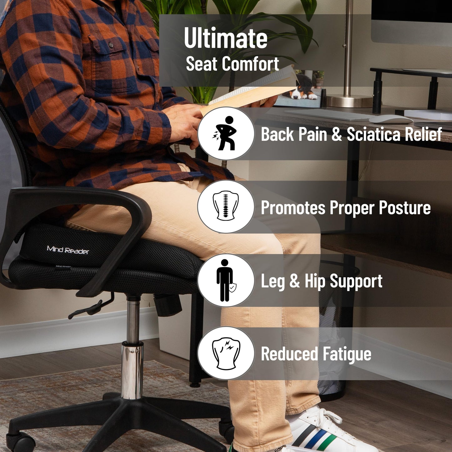 Mind Reader Air-Cloud Seat Cushion, Ergonomic Support for Posture, Pressure Relief, and Pain Reduction, Portable with Washable Cover, Memory Foam, Black