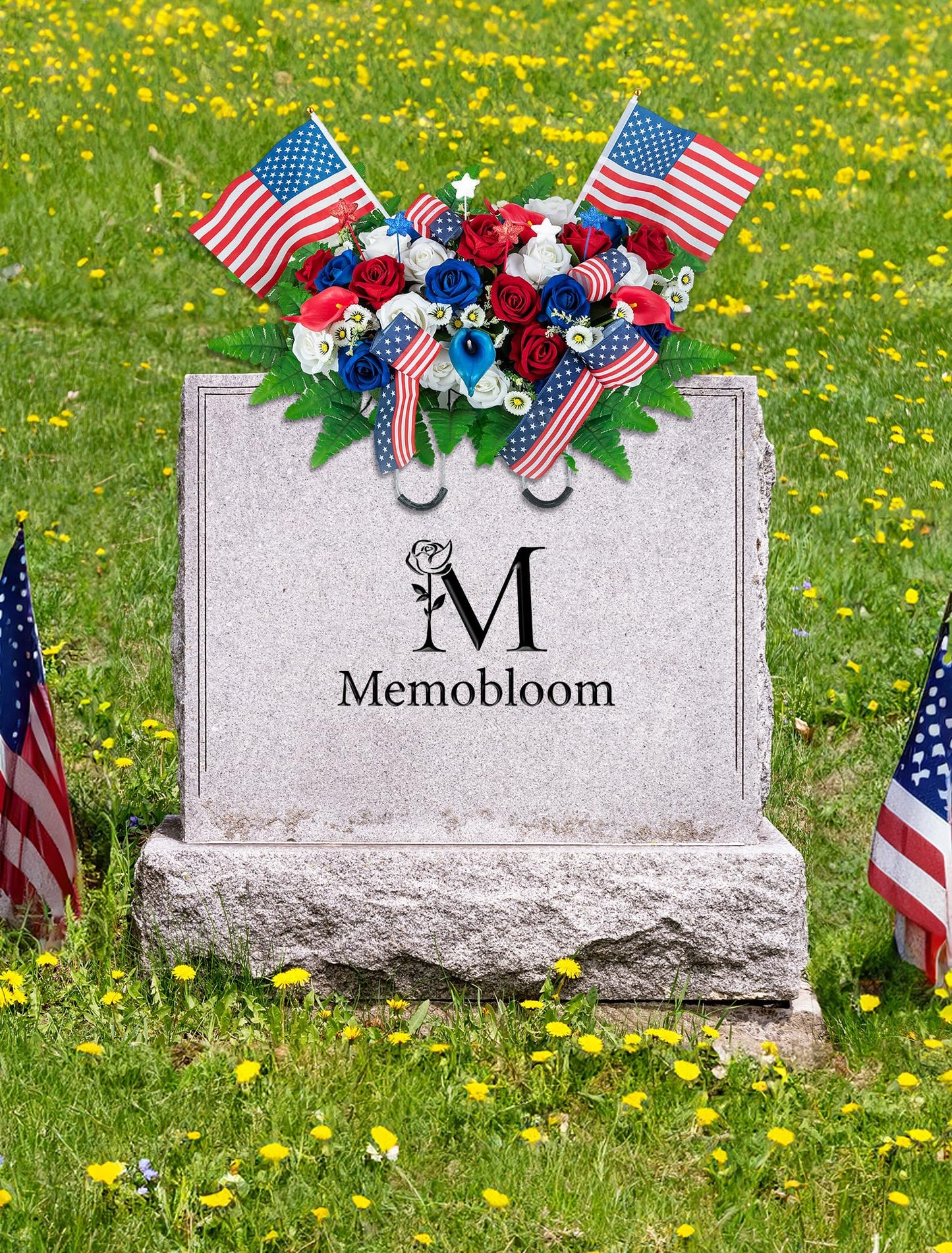 Memobloom Memorial Day Decorations for Cemetery: Patriotic Red White Blue Headstone Flower Saddle - Outdoor Artificial Velet Roses Cemetery Flowers for Grave with Flags for 250th Birthday of America