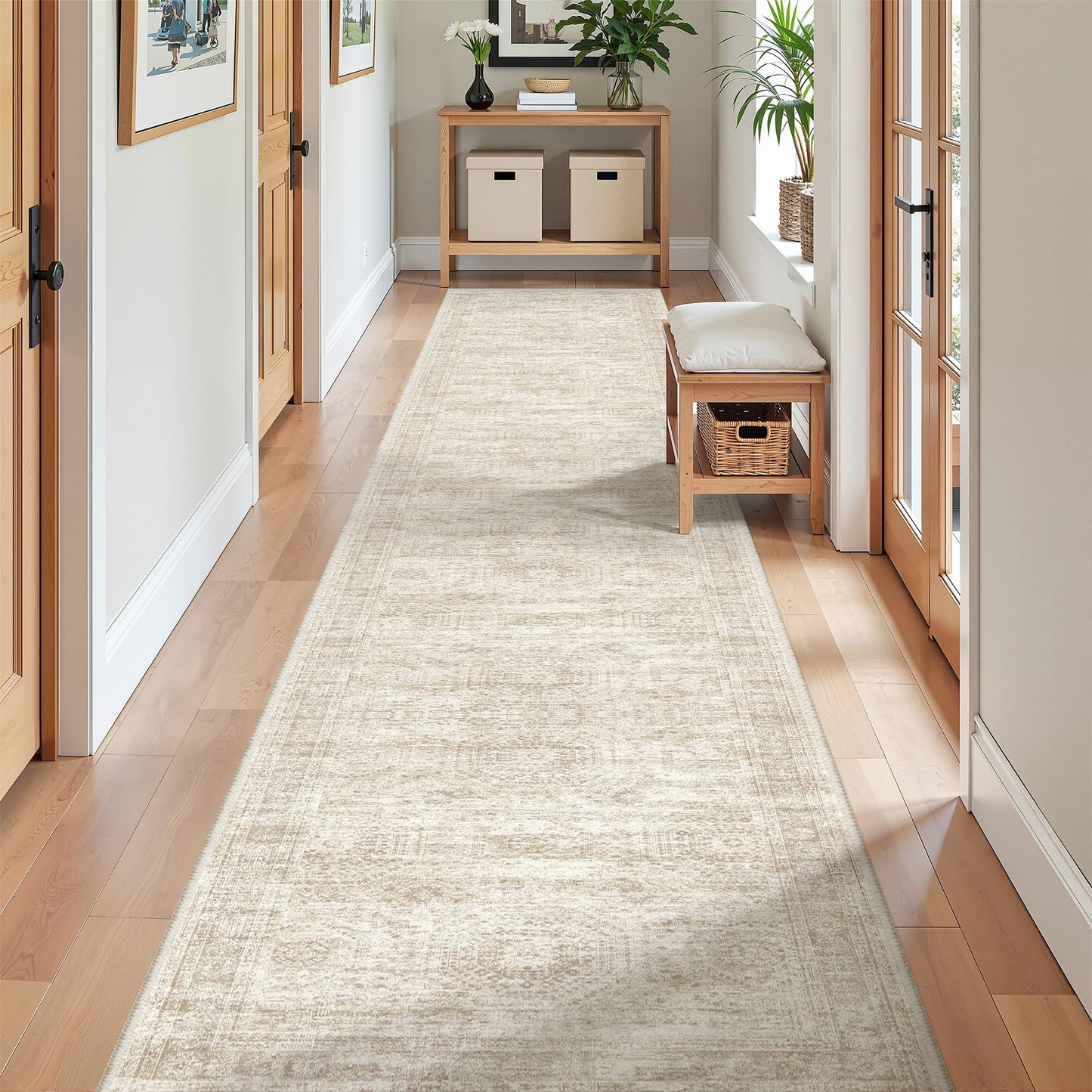 Restydon Long Hallway Runner Rug- Carpet Runners for Hallway 12ft, Anti Slip Backing Washable Rug Runner for Bathroom, Entrance, Living Room, Soft Low Pile Modern Rug Runner(2'x12', Beige/Ivory)