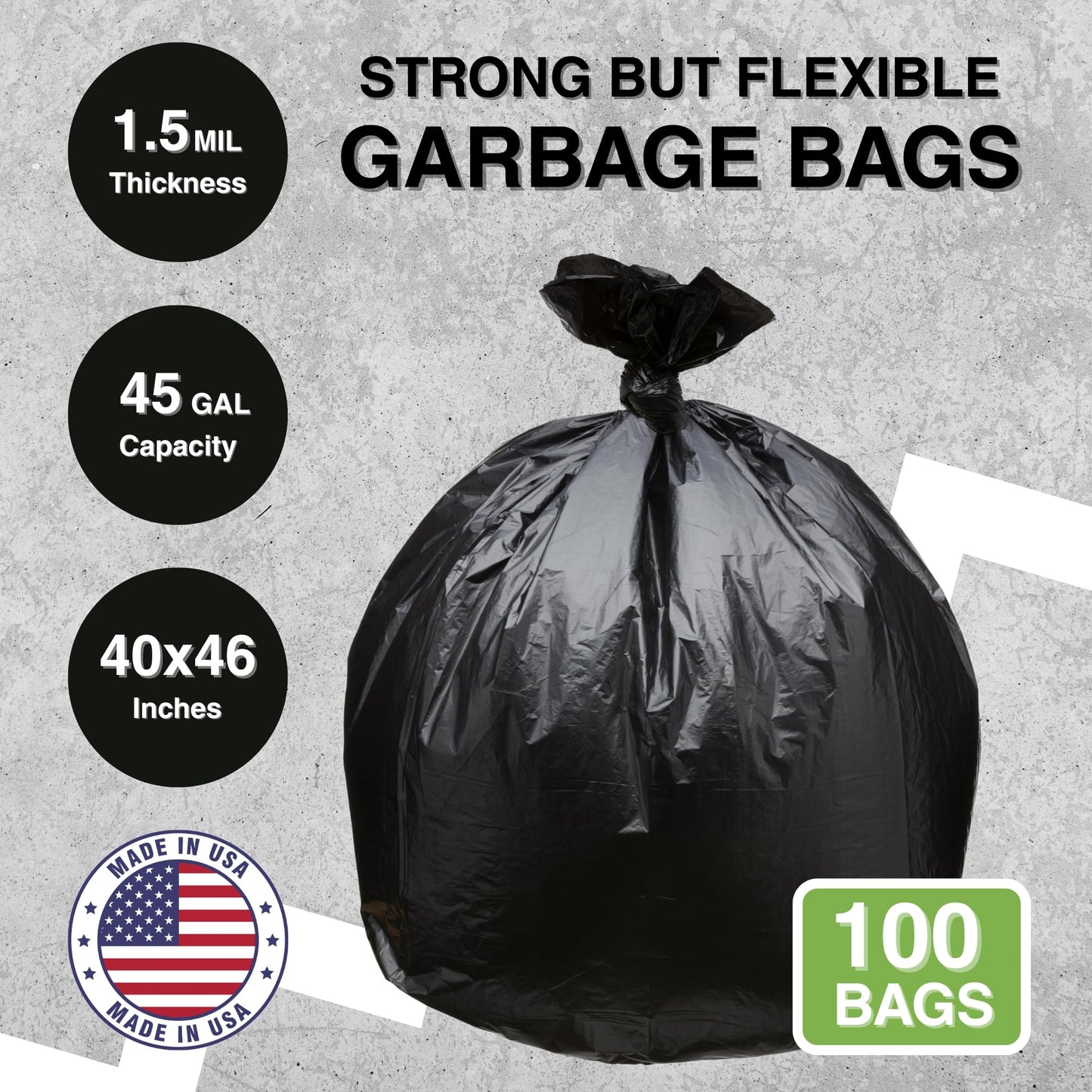Top Knot Bags 45 Gallon Garbage Trash Bag 40X46" 1.5 Mil Black 100 Count Can Liner Bulk 40 Gallon 41 Gallon 42 Gallon 43 Gallon 44 Gallon Made in USA