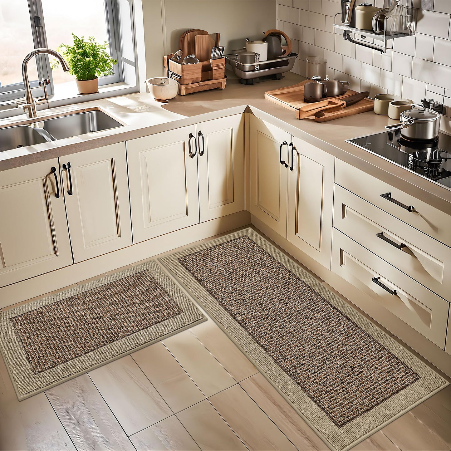 BEQHAUSE Kitchen Rugs and Mats Set of 2 Non-Slip Kitchen Mats for Floor, Absorbent and Stain Resistant Kitchen Runner, Machine Washable Rugs for Kitchen, Laundry & Sink, 20"x32"+20"x48", Taupe