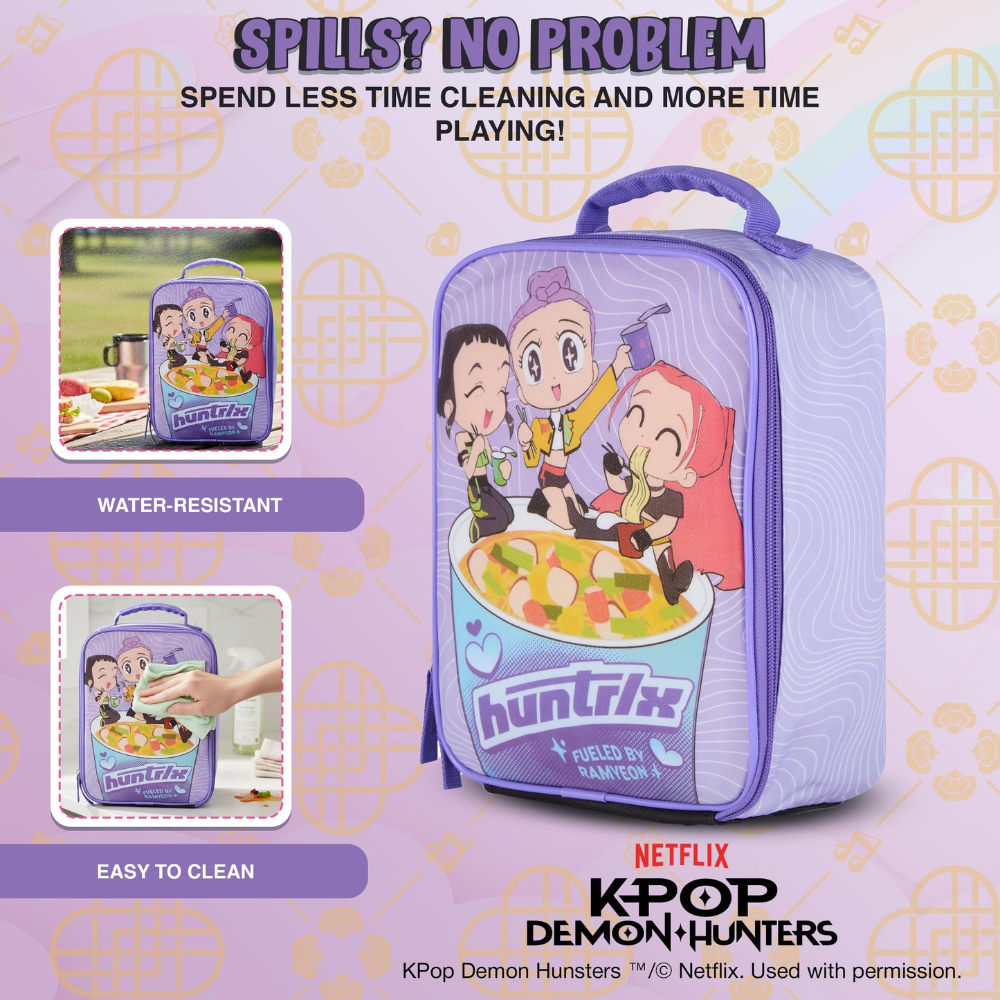 K-Pop Demon Hunters Huntrix Fueled by Ramyeon Lunch Box, Full Zip Around Insulated Lunch Tote Bag For Hot and Cold Food, Purple