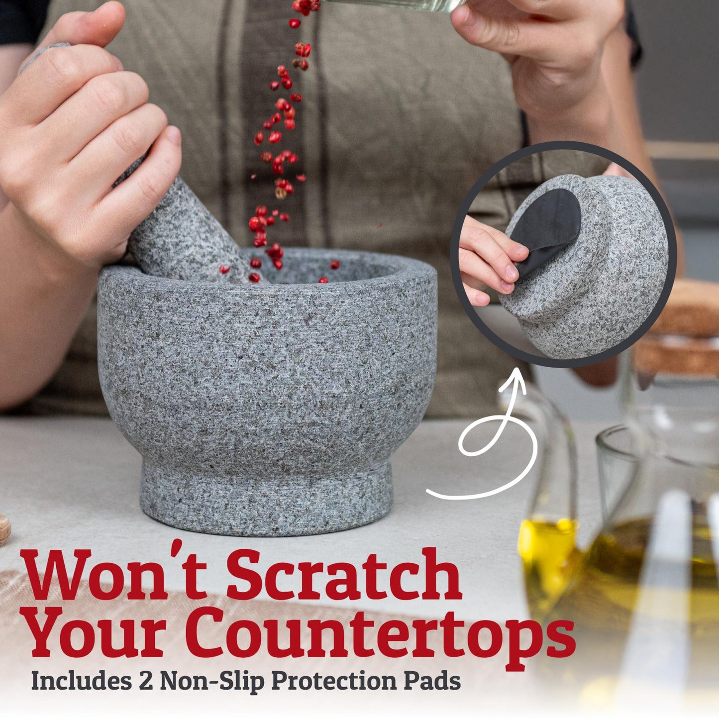 PriorityChef Mortar and Pestle Set, Heavy Duty Natural Granite, Make Fresh Guacamole at Home, Solid Stone Grinder Bowl, Herb Crusher, Spice Grinder, 1.5 Cup Size, Unpolished Grey