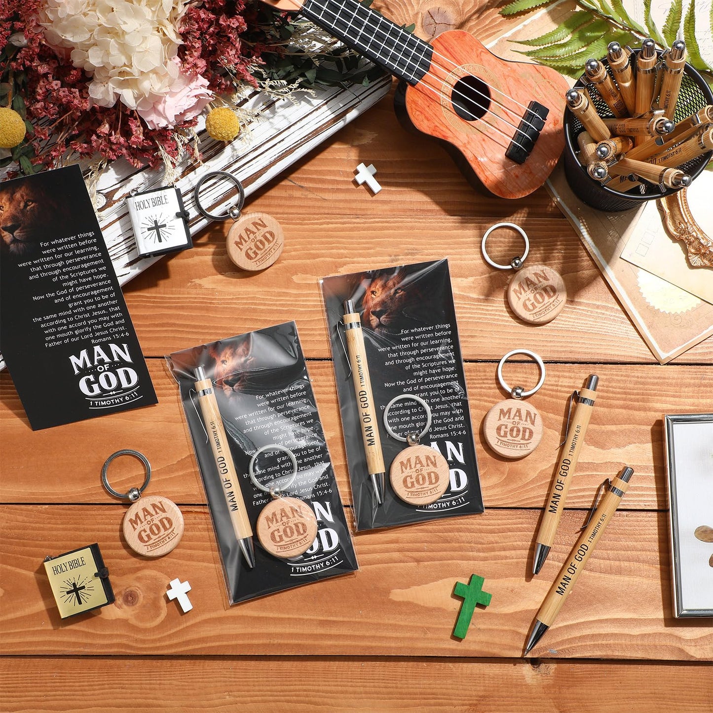 Landical 50 Sets Father Day Man of God Gifts for Men Christian Baptism Gifts, 50 God Keychains 50 Bible Verse Ballpoint Pens 50 Cards Pastor Appreciation Favors for Church Father's Day Supplies