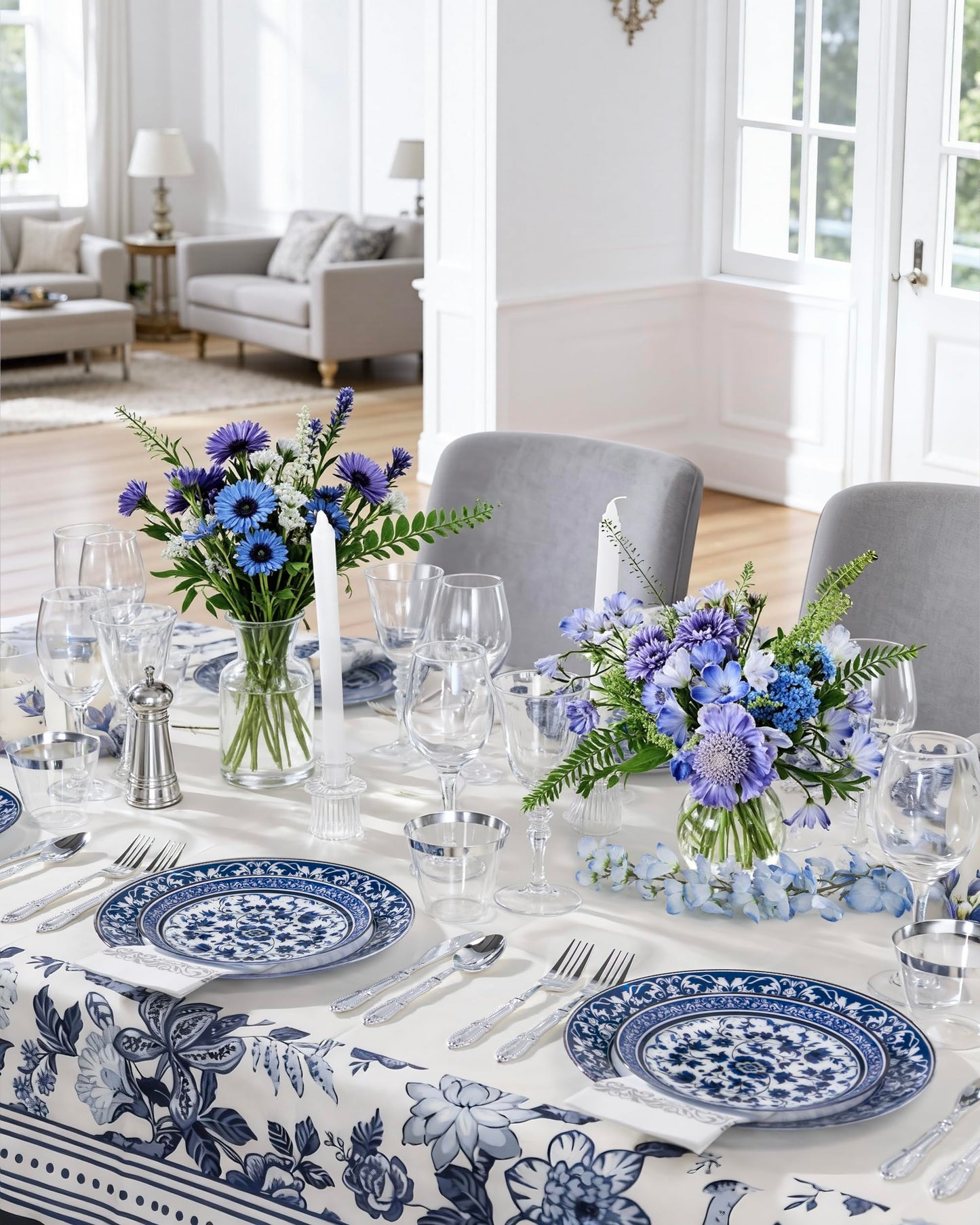 Hioasis 60pcs Blue Plastic Plates Set - Floral Blue & White Porcelain Design, 10.25" Dinner & 7.5" Dessert Plates Disposable for Memorial Day & Wedding (Dishwasher Safe, Art Style)