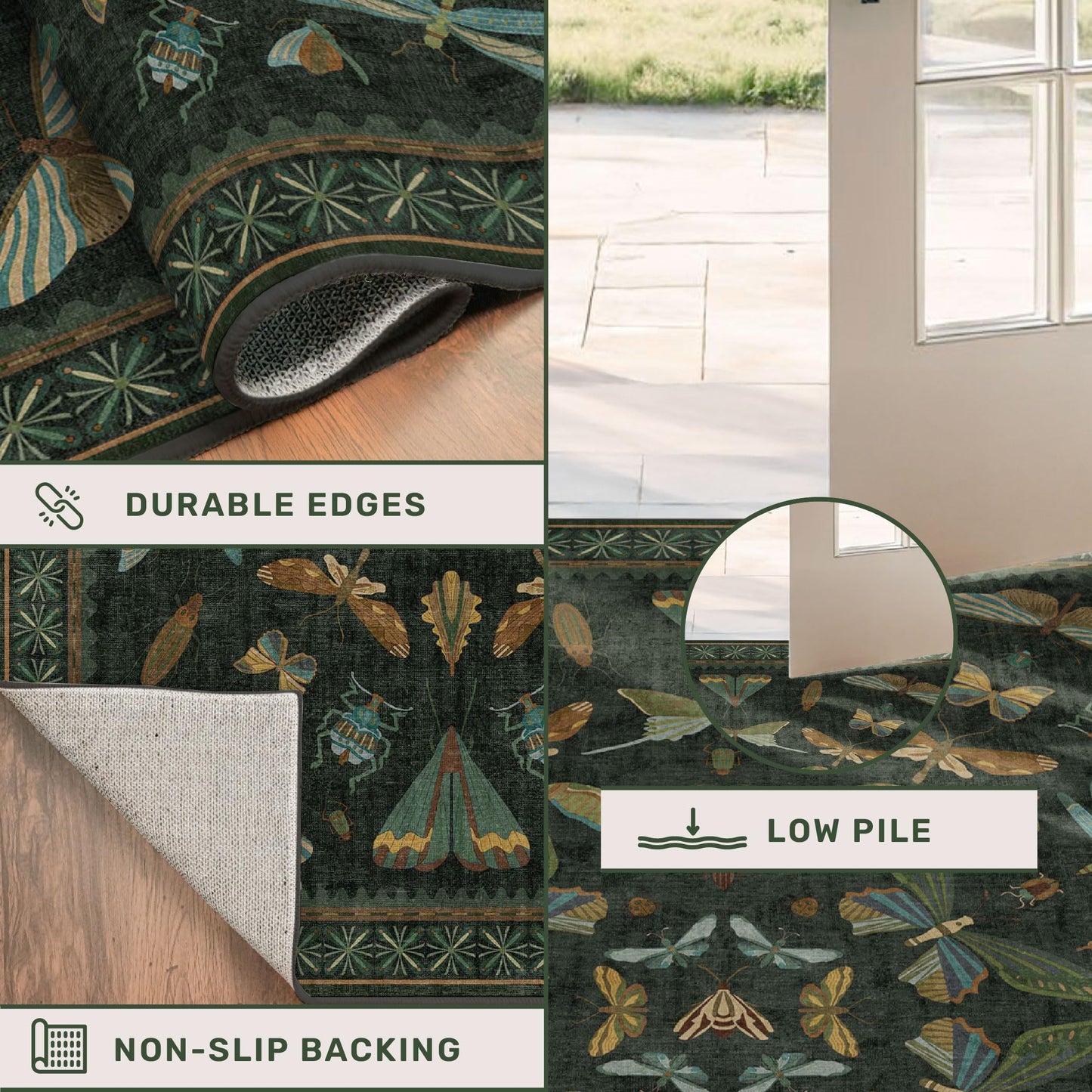 Hazo Haus Washable Insect 2x6 Runner Rug for Hallway- Stain Resistant Kitchen Runners, Floral Whimsical Indoor Floor Mat for Bathroom, Soft Non Slip with Rubber Backed, Dark Green