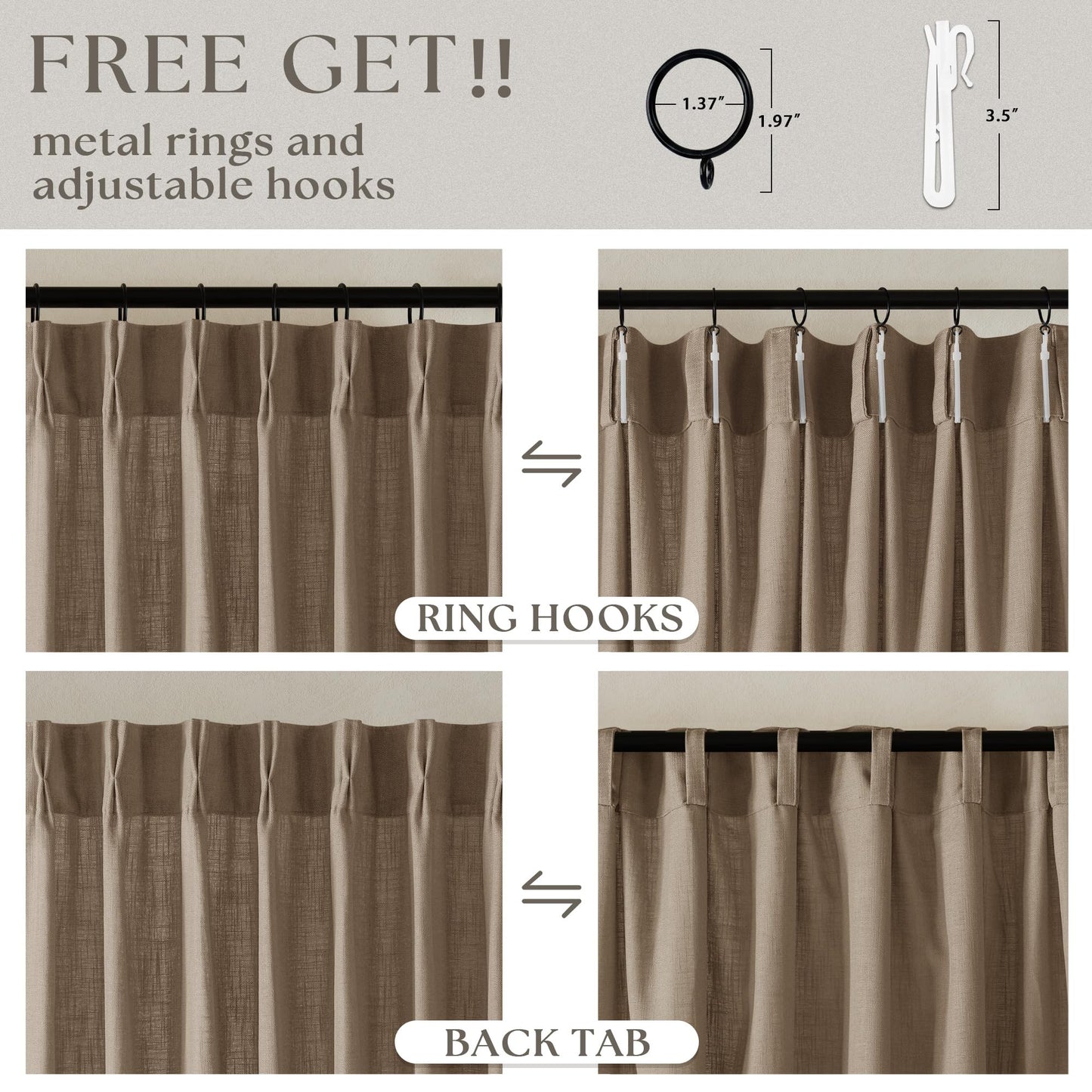 TWODRAPES Pinch Pleated Neutral Linen Curtains 2 Panels Set Living Room Dining Pinch Pleat Back Tab Light Filtering Farmhouse Boho Retro Window Curtain Drapes 84 Inch Length Latte Tan Brown