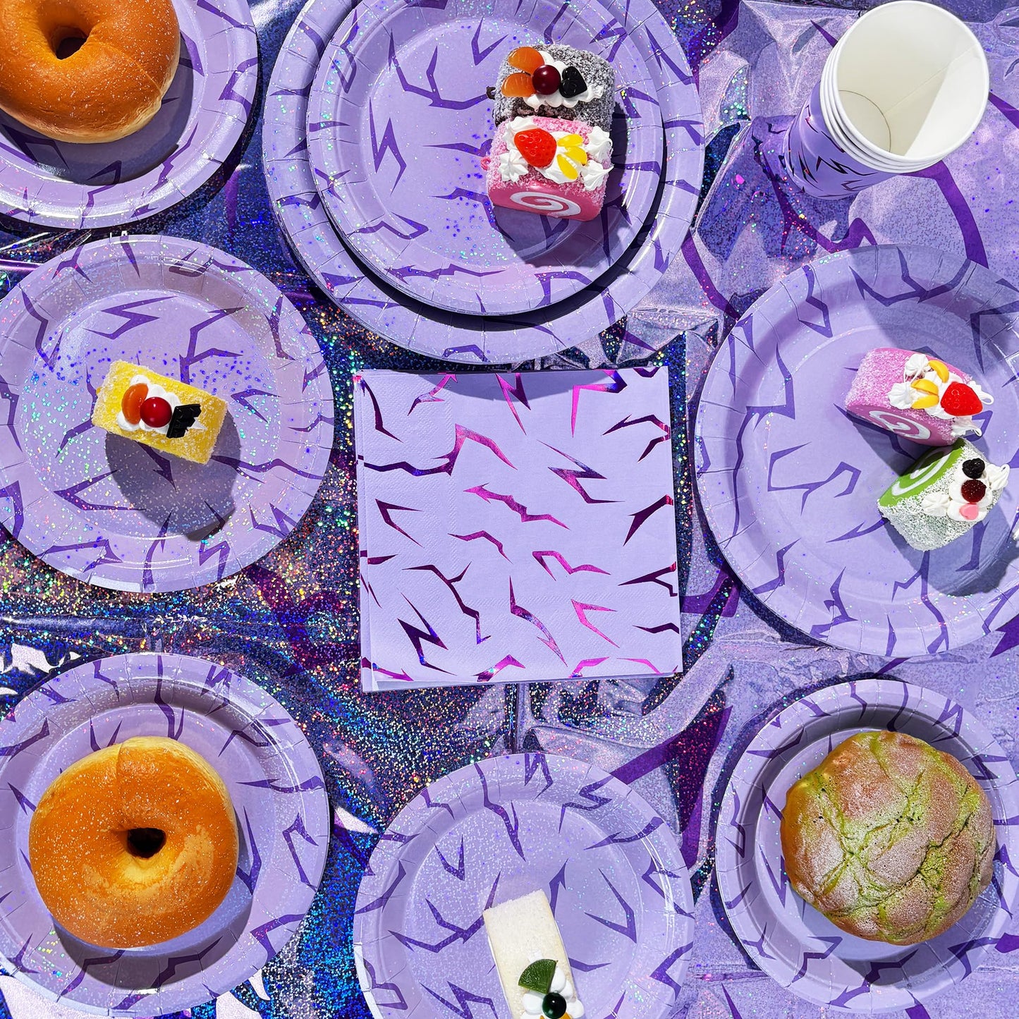 Demon Hunter Birthday Tableware Decor for 20Guests, Purple Holographic Laser Energy Pattern Plates Cups Napkins Tablecloth Cutlery, Sparkling Korean Idol Movie Decoration for Party, Birthday, Bachelor