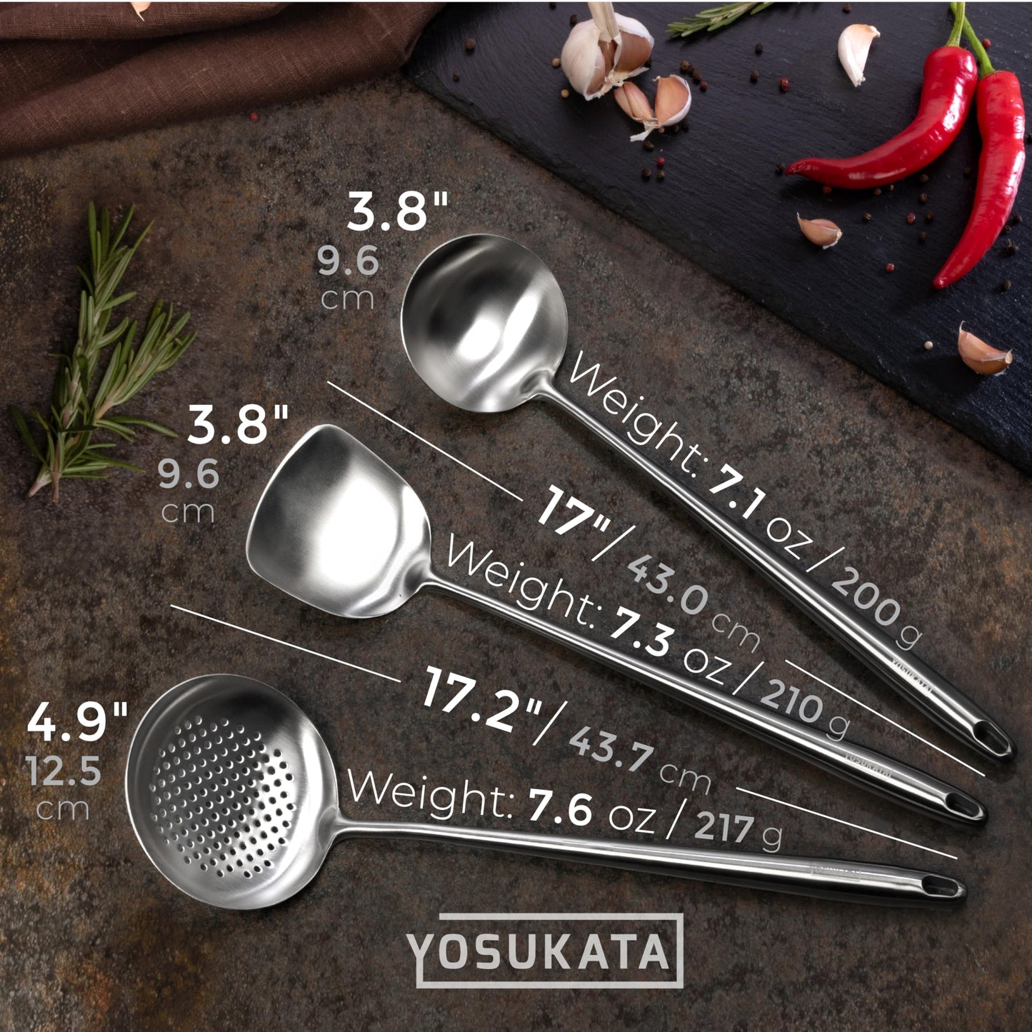 Yosukata 17" Wok Spatula and Ladle Skimmer Spoon - Stainless Steel Cooking Utensils Set of 3-304 Stainless Steel Kitchen Utensils Set - Dishwasher Safe Wok Accessories - Wok Utensils - Cooking Tools