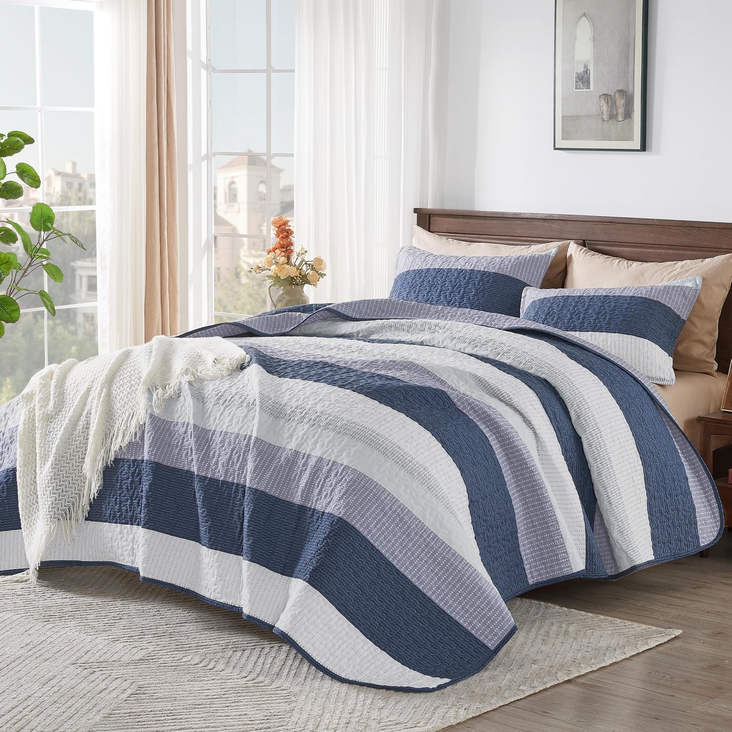 Andency Queen Quilt Bedding Set Mineral Blue, 3 Pieces Patchwork Summer Striped Ultra Soft Lightweight Bedspreads, Coverlets Set with 2 Pillow Shams for All Seasons (90"x96")