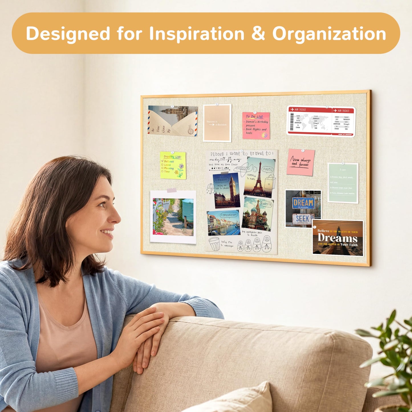 Marribol Pin Board with Linen,30’’x 20’’,Gold Aluminum Framed Vision Board for Home Office School,with 10 Cards,10 Push Pins