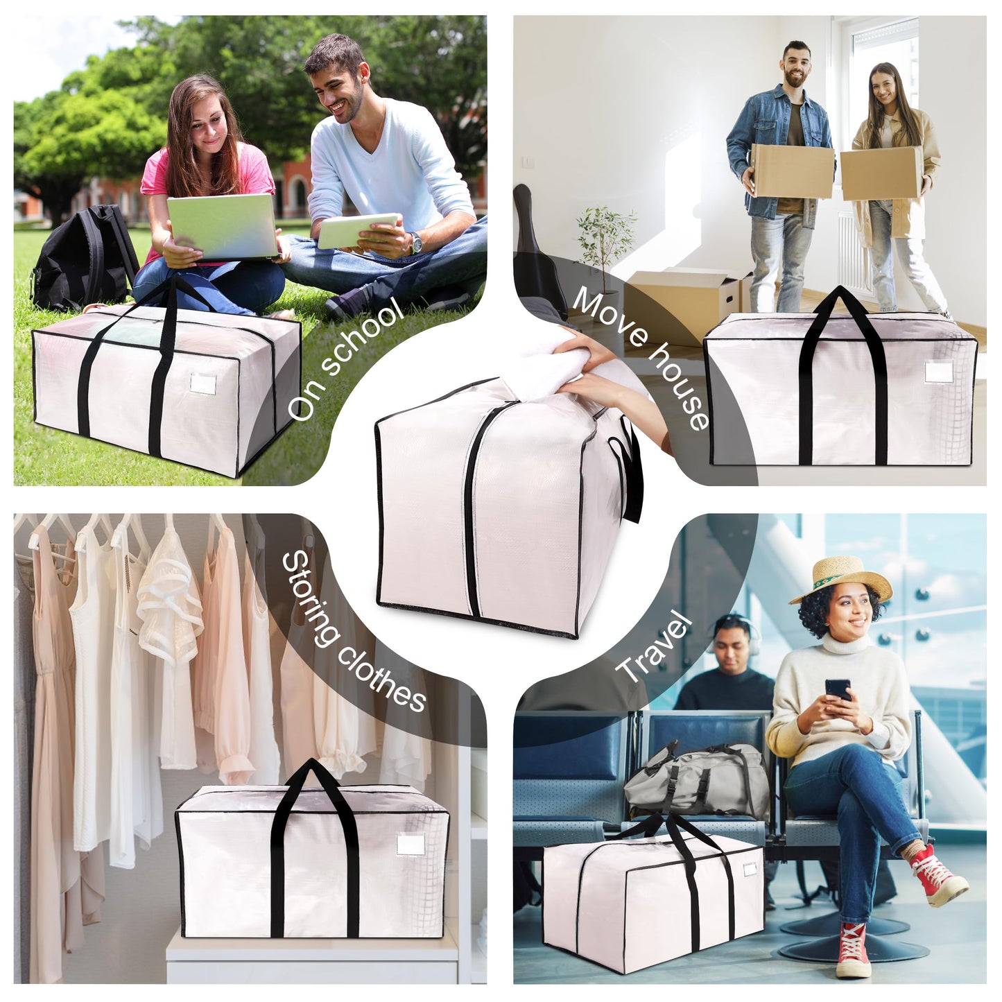 VELVETSURE 6 Pack Heavy Duty Large Moving Bags W/Backpack Straps - Strong Handles & Zippers, Storage Totes For Space Saving, Fold Flat, Alternative to Moving Box and Storage Bin, Semi-Transparent