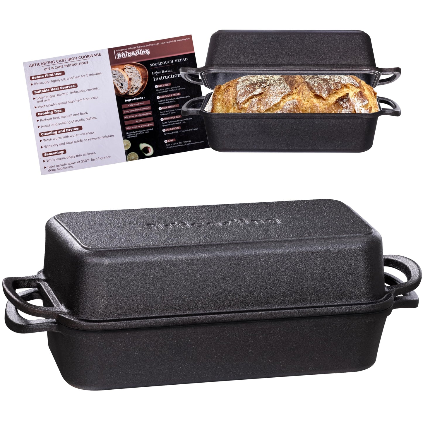 Articasting 11x5 Inch Cast Iron Loaf Pan With Lid，5.8 Qt Large Loaf Pans For Sourdough Bread Baking, Pre-Seasoned Heavy Duty Dutch Oven Bread Pan For a Crispy Crust