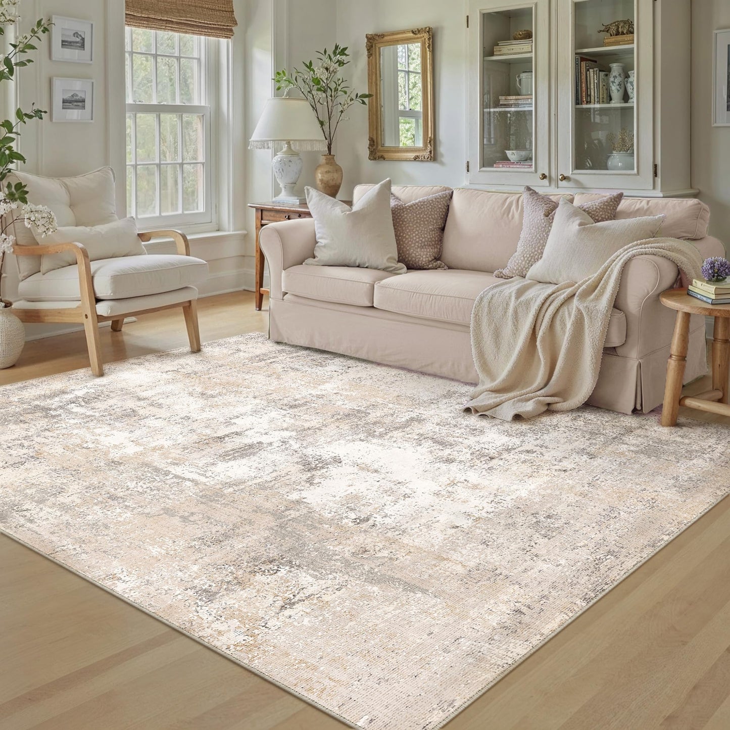 WondRg 5x7 Washable Area Rug Beige Grey Abstract Non Slip Soft Low Pile Rug for Living Room Bedroom Dining Room Office Neutral Modern Indoor Throw Carpet for Home Decor