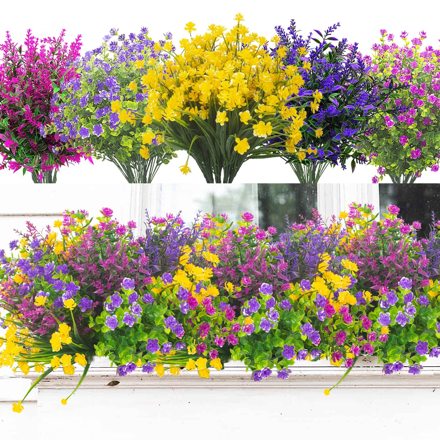 Grunyia 20 Bundles Artificial Flowers Outdoor UV Resistant No Fade Fake Plants Faux Plastic Shrubs for Garden Patio Porch Window Box Home Wedding Farmhouse Hanging Décor