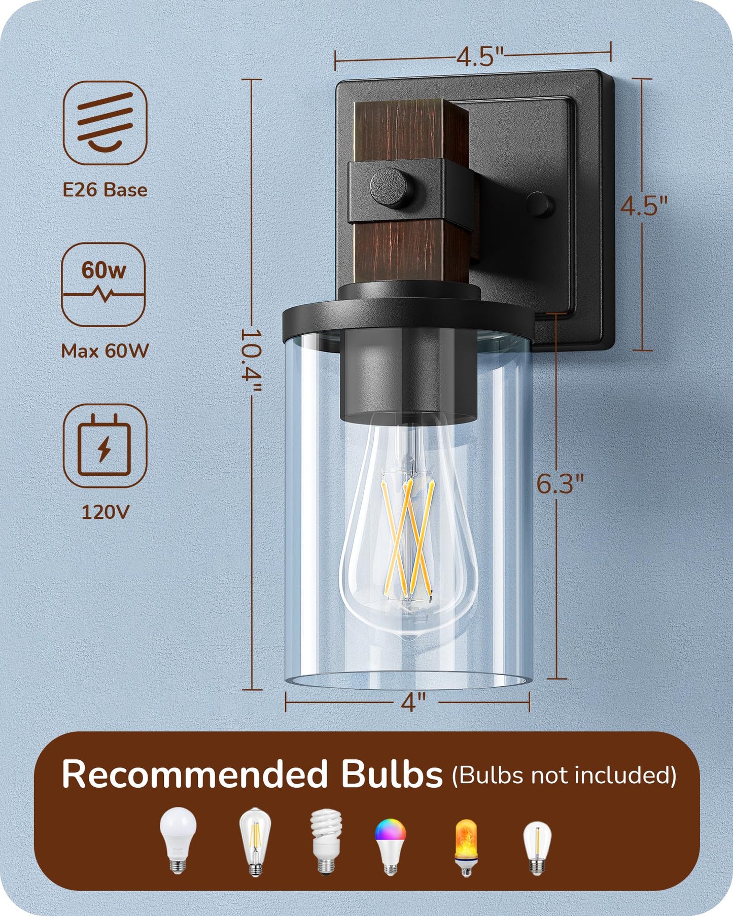EDISHINE Wall Sconces Set of 2, Farmhouse Vanity Light Fixtures with Clear Glass Shade & Dark Brown Wood Grain Paint, 1-Light Wall Mount Lamp for Bathroom, Hallway, Living Room, Mirror, Kitchen