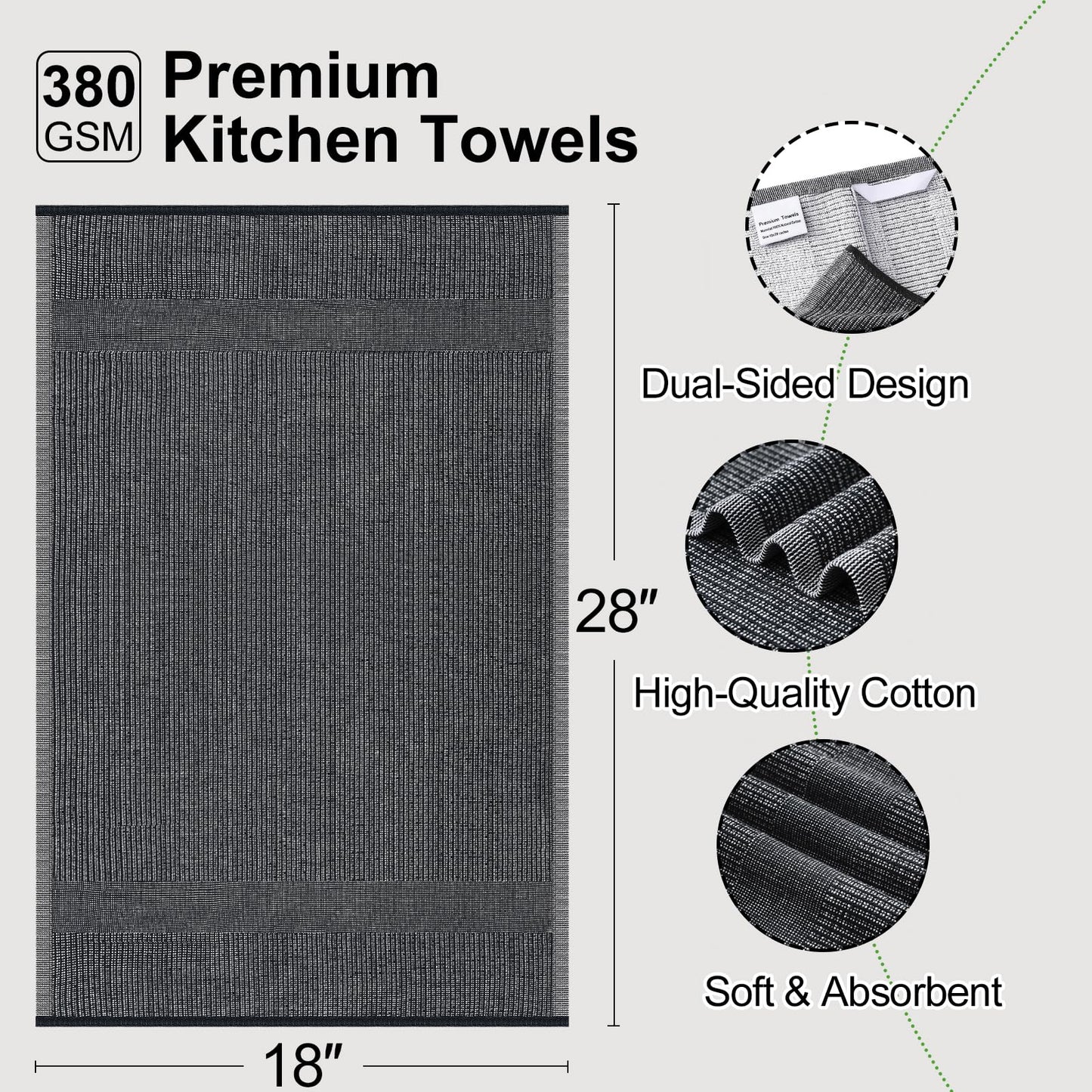Mordimy Premium Kitchen Towels 6 Pack (18 x 28 Inches, Black), Large Cotton Kitchen Hand Towel, Flat & Terry Dish Towels for Drying Dishes, Super Absorbent Tea Dishtowels Set with Hanging Loop