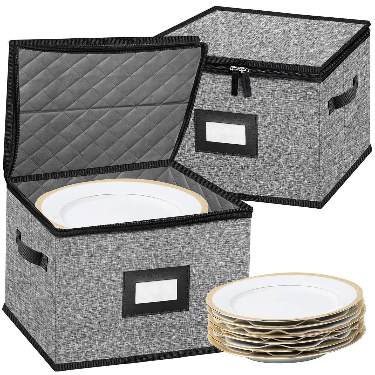 ouruer China Storage Containers-Quilted Dish Storage Containers with Lid Hard Shell for Moving Transport, Dinnerware Storage,Stackable Plate Storage,24 Felt Plate Dividers Included,2PACK 12*12*8in