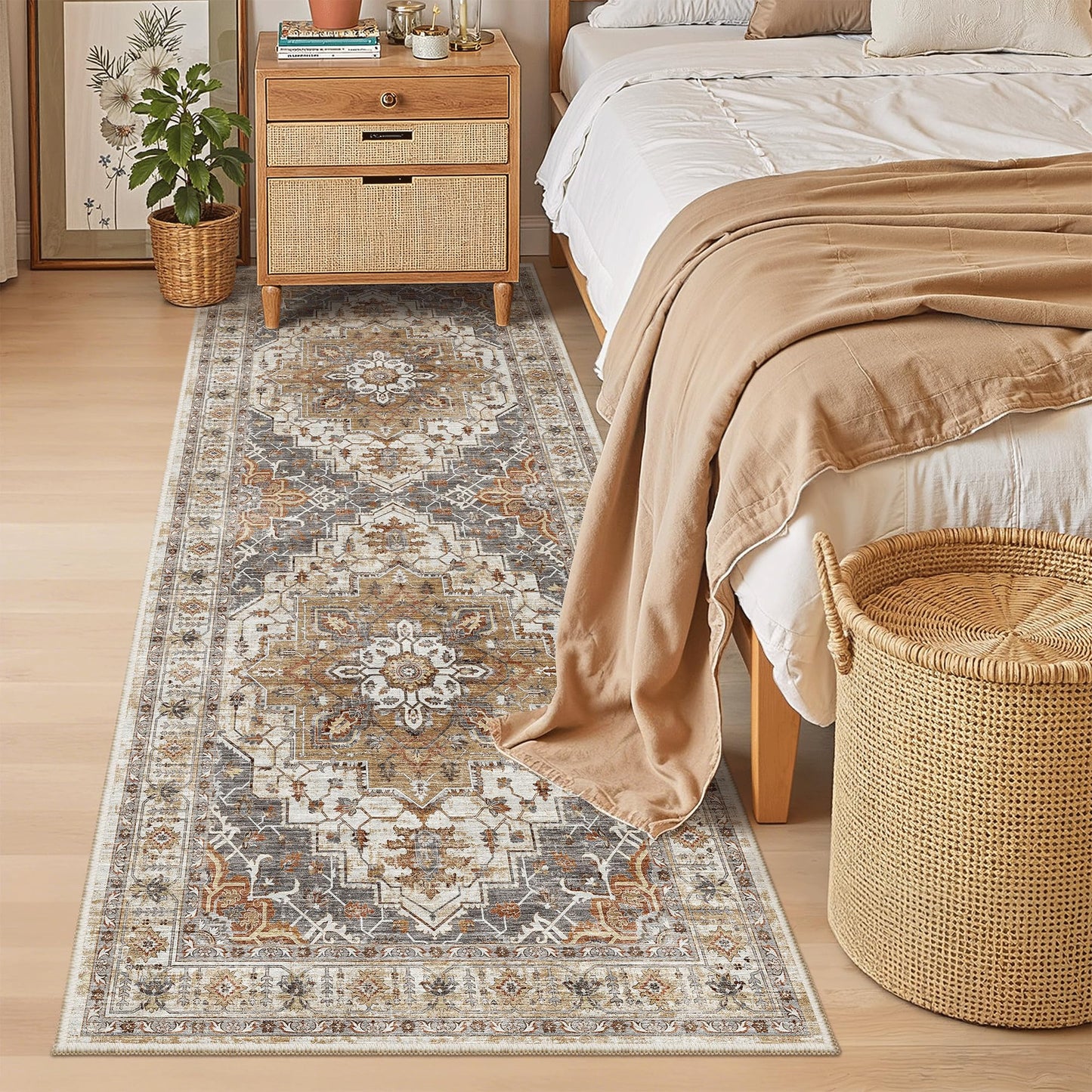 Madane Hallway Runner 3x8, Kitchen Rugs Washable Entryway Rug Vintage Kitchen Runners Non Slip Indoor Area Rug Farmhouse Carpet Runner for Bathroom Living Room Bedroom (3 X 8, Turmeric/Grey)
