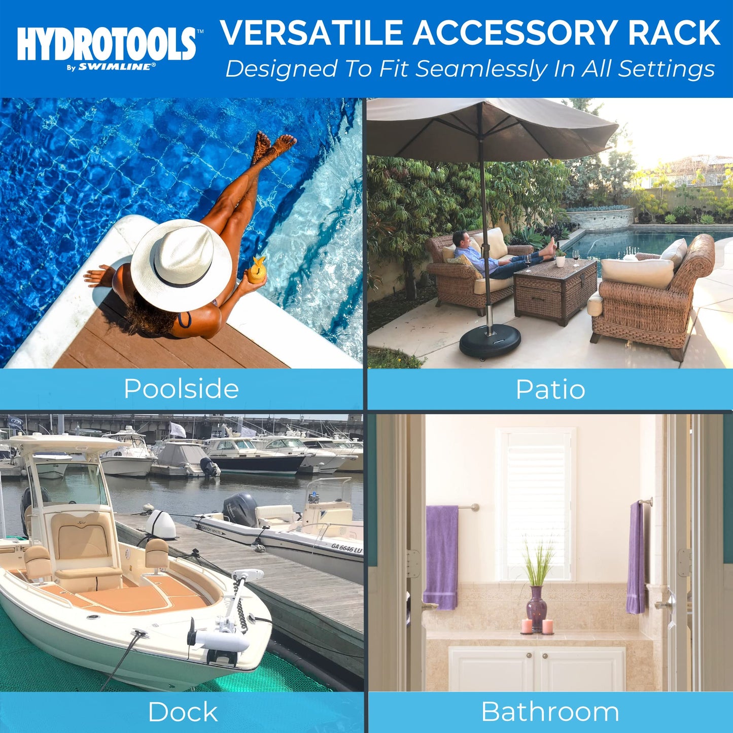 SWIMLINE HYDROTOOLS 89032 Free Standing Poolside Adjustable-Towel Rack With Water Weighted Base Three Arms Tier For Outdoors & Indoors Pool Patio Bathroom Accessory Holder Bar Drying-Stand