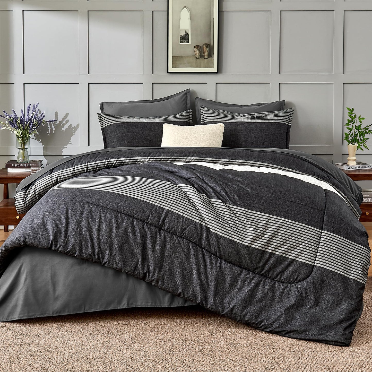 Andency Queen Comforter Set 7 Pieces Bed in a Bag - Black White Grey Striped Lightweight Soft All Season Queen Size Bedding Set with Comforter, Fitted & Flat Sheet, Pillowcases & Shams