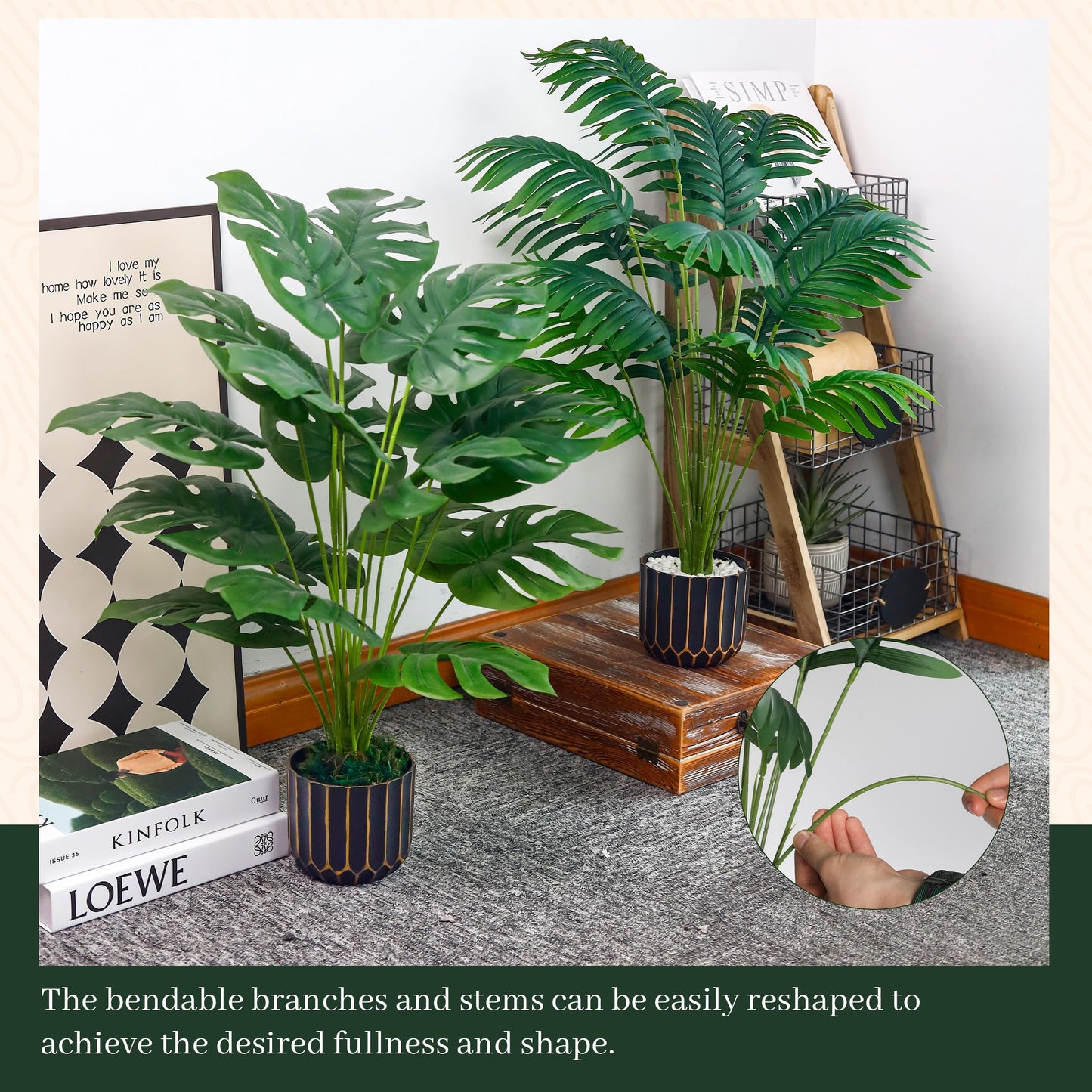 Der Rose Fake Palm Tree Large Artificial Potted Monstera Plants Indoor for Home Porch Patio Living Room Bathroom Outdoor Decor