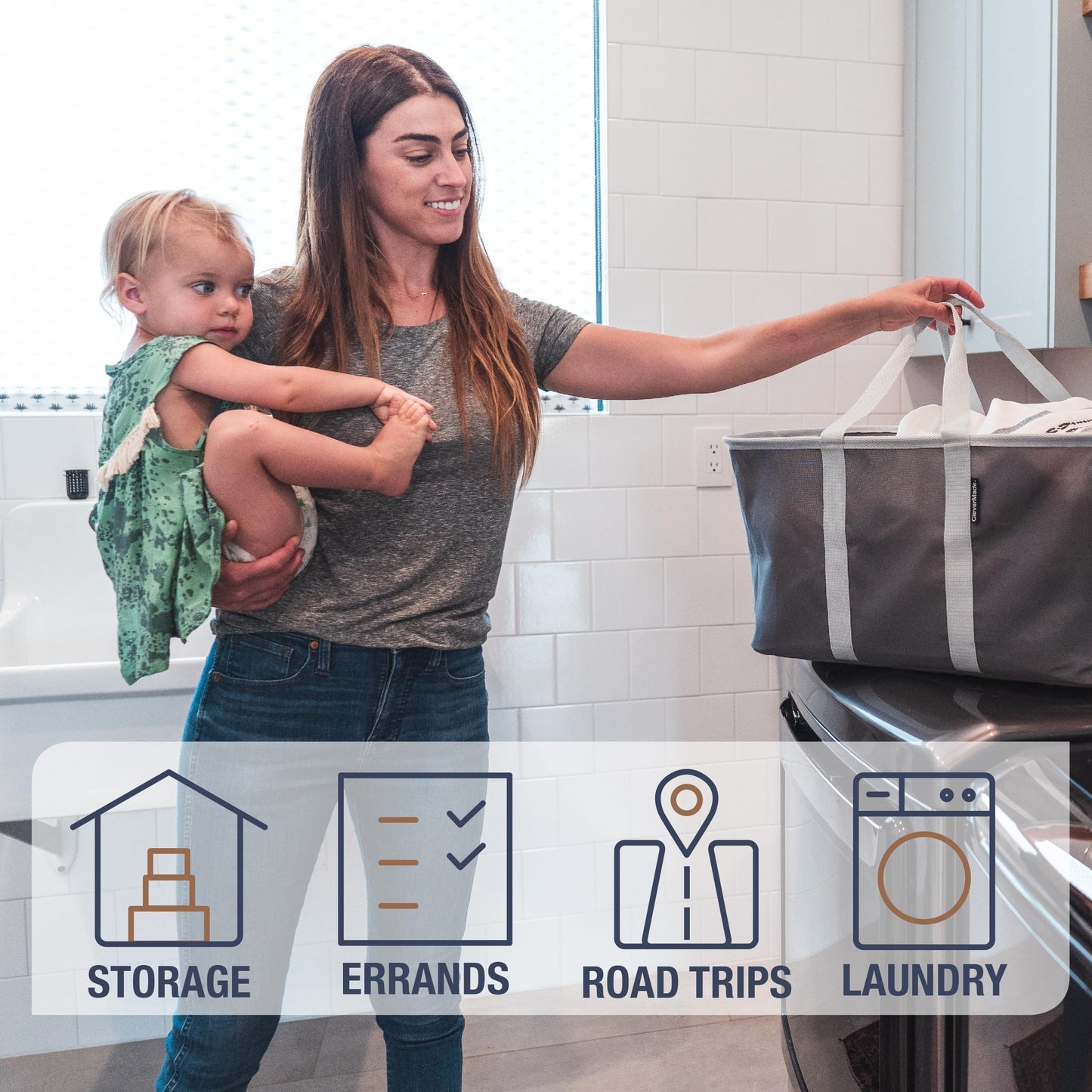 CleverMade Collapsible Laundry Tote 2-Pack (50L) – Foldable Carry-All Storage Bin for Laundry, Car Trunk, RV, Dorm & Home Organization - Denim