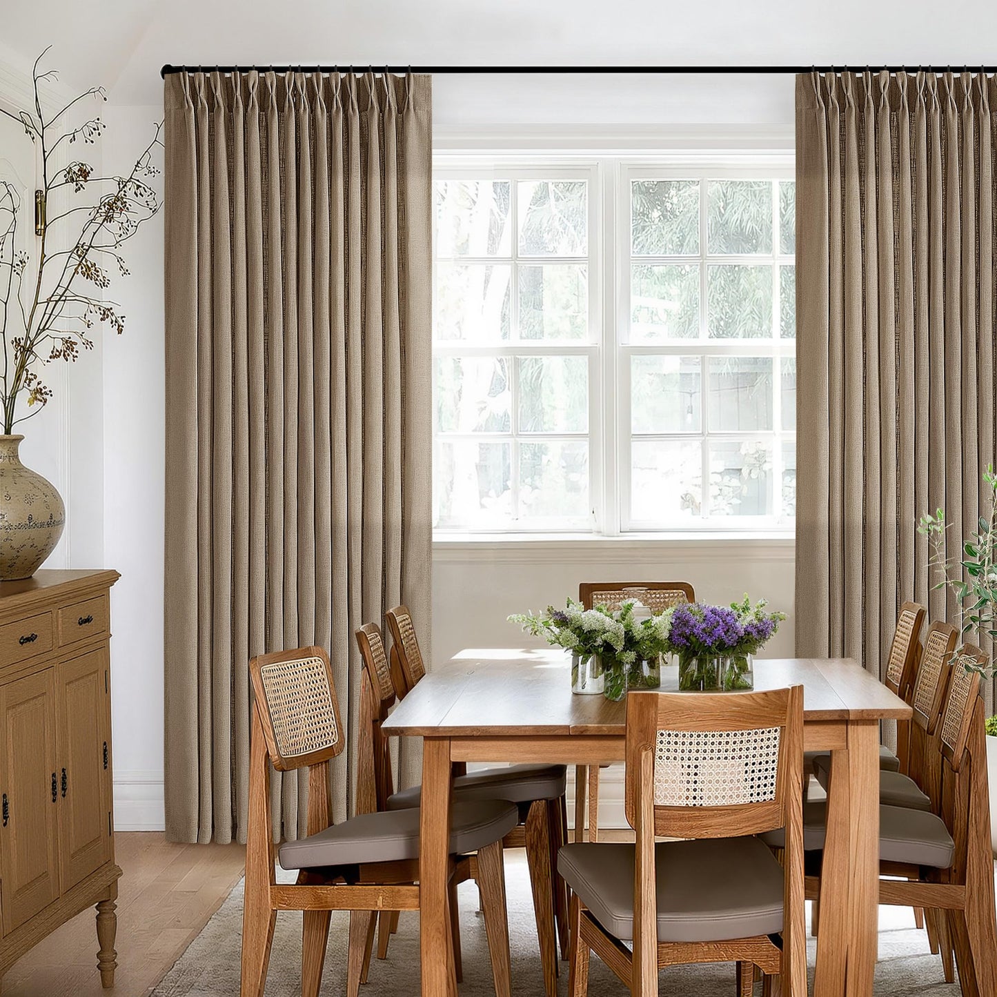 TWODRAPES Pinch Pleated Neutral Linen Curtains 2 Panels Set Living Room Dining Pinch Pleat Back Tab Light Filtering Farmhouse Boho Retro Window Curtain Drapes 84 Inch Length Latte Tan Brown