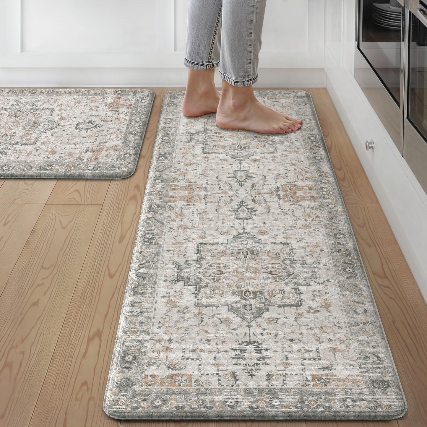 GENIMO Kitchen Mats for Floor 2PCs, Washable Anti Fatigue Mat for Cushioned, 17.3"x47"+17.3"x30", Waterproof Kitchen Rugs, Non Slip Comfort Standing Mat Rug for Home, Sink, Laundry, LightTaupeBrown