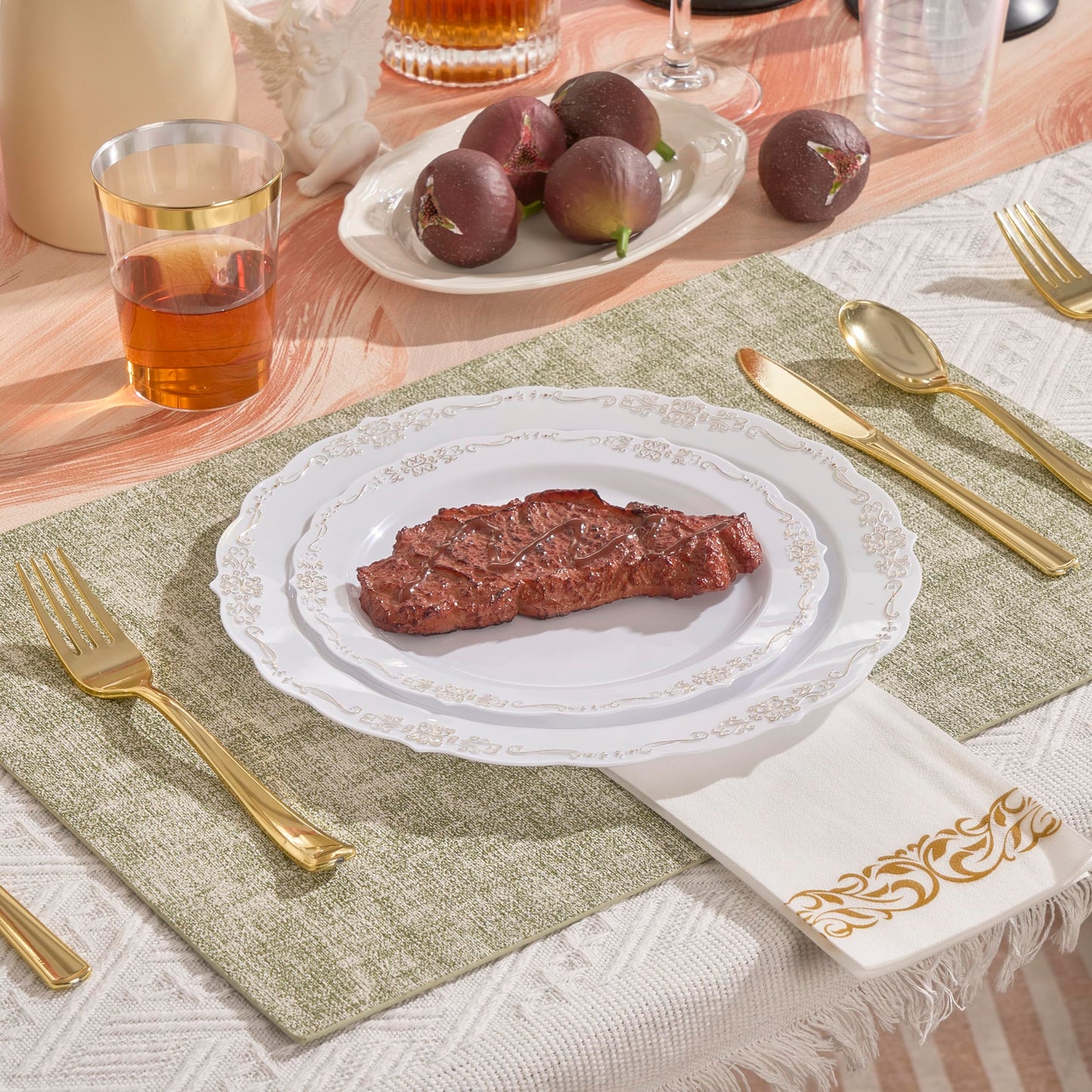 Fijinhom 350 PCS White and Gold Disposable Plates, Elegant Dinnerware Set for 50 Guests, 100 Plastic Plates, 150 Silverware, 50 Cups & 50 Paper Napkins, White and Gold