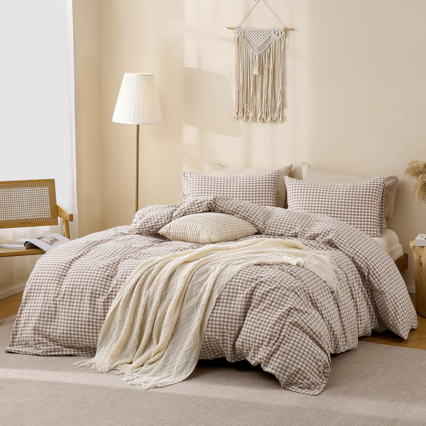 TOCOMOA Tan Gingham Duvet Cover Bedding Set 100% Washed Cotton Like Linen Feel Super Soft Comfy 3 Piece Brown Vintage Plaid Checkered Fall Comforter Cover Set (Queen 90"x90", Comforter Not Included)