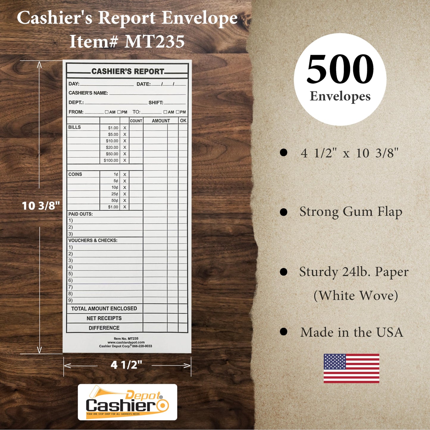500 Cashier Depot - Cashier’s Report Envelopes MT235 – 4 1/2" x 10 3/8", White 24lb Paper, Cash Deposit Report, Money Envelopes for Retail, Restaurants, Hotels, Small Business, Gum Flap, 500 Count