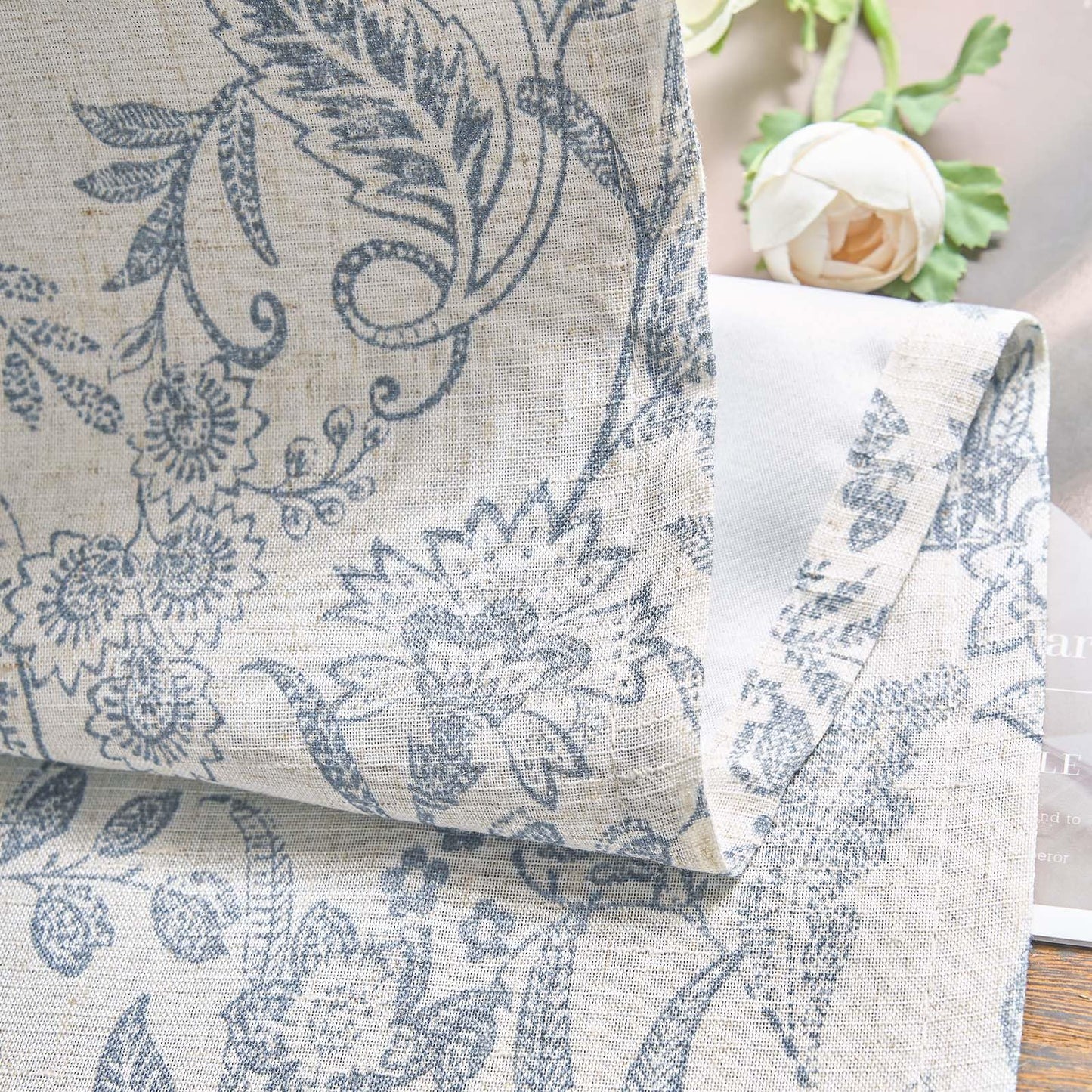 Lazzzy Blue Floral Lined Curtains Farmhouse Linen 84 Inches Length Back Tab Drapes for Living Room Bedroom Flower Patterned Country Vintage 2 Panels Set Rod Pocket Blue on Beige