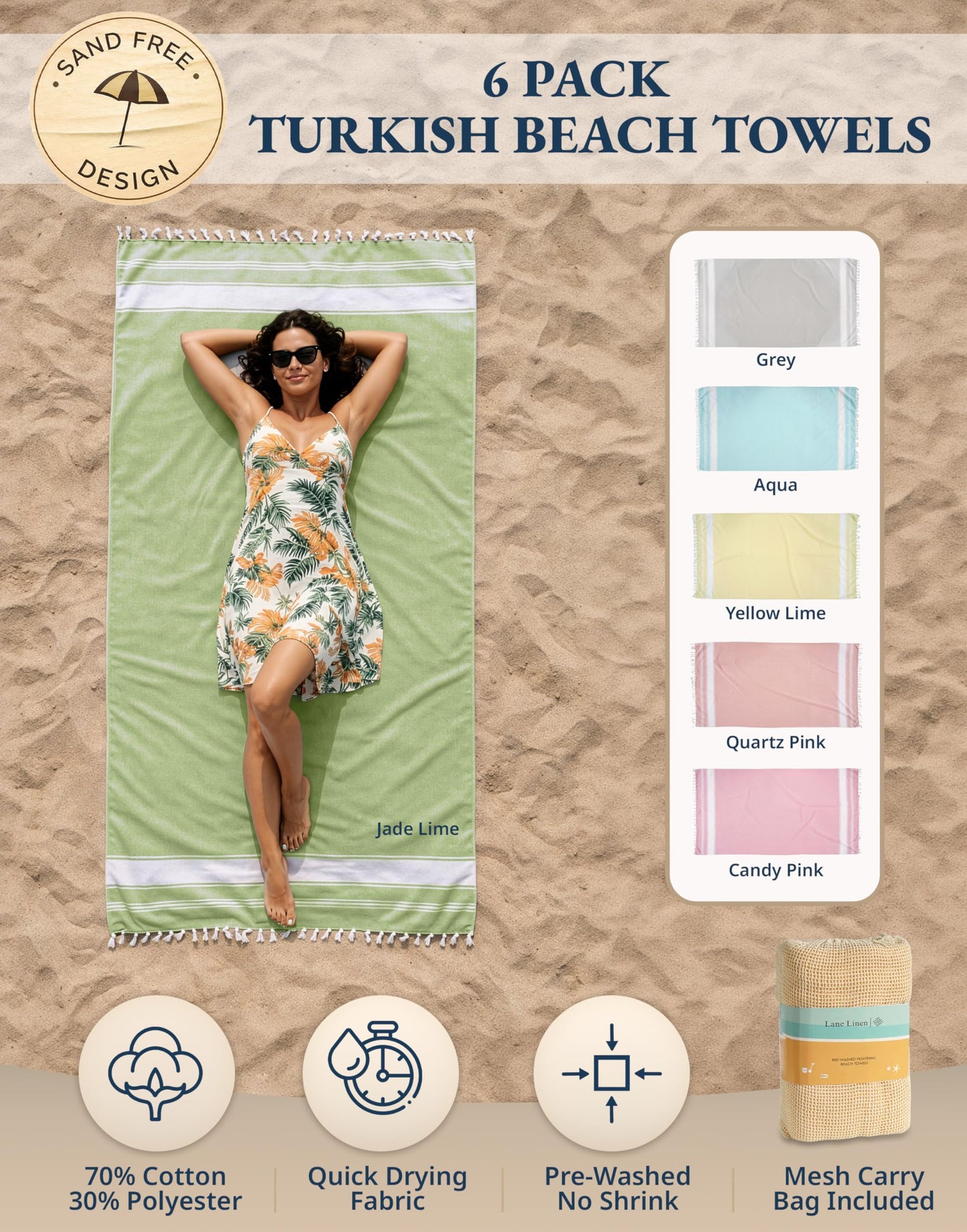 LANE LINEN Turkish Towels Set of 6, Beach Towels Oversized, Pre-Washed Pool Towel, Extra Large Beach Towel, Sandproof Beach Towel, Absorbent Travel Towel,39"x71" - Beach Party