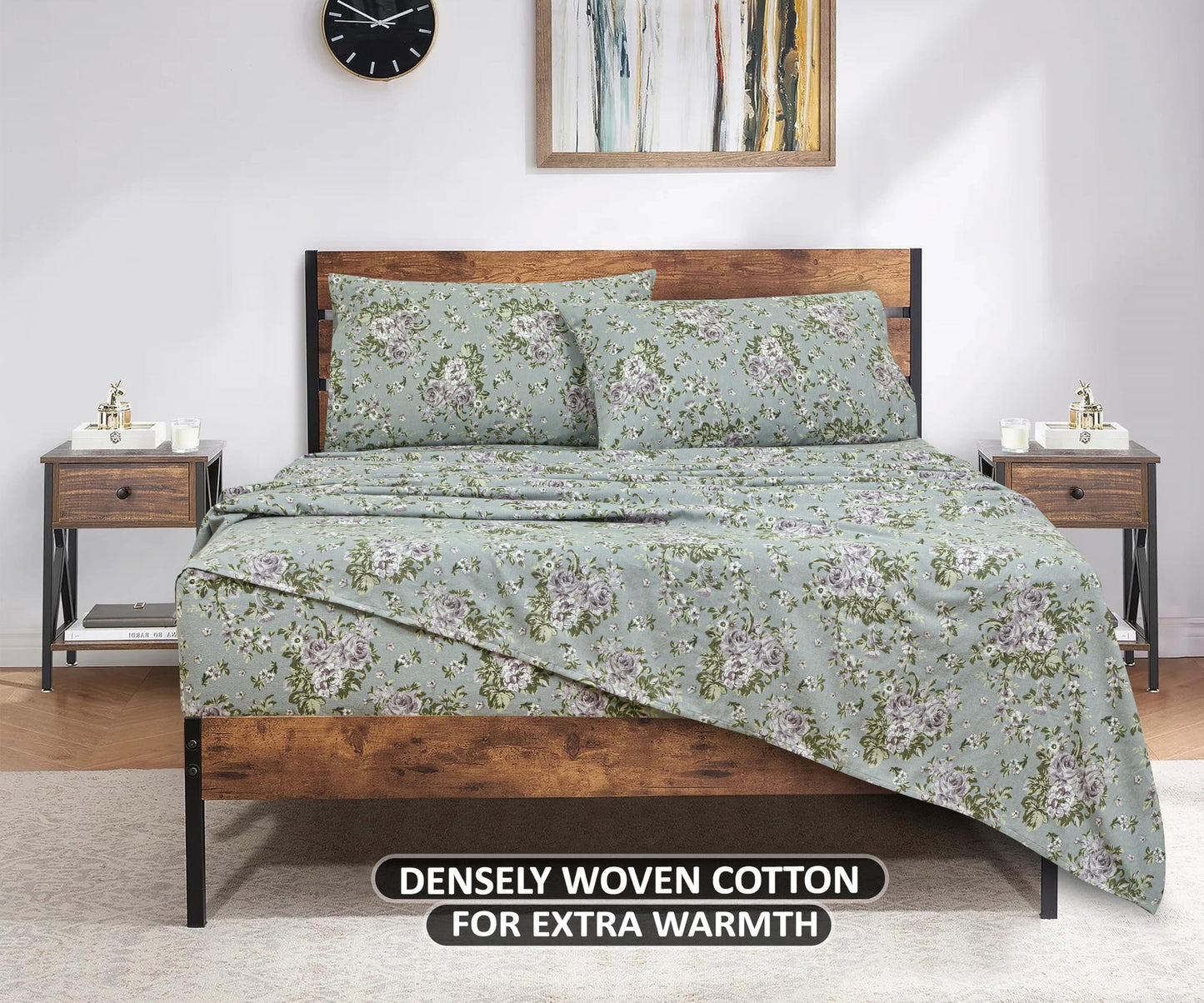 Bliss Casa 4 Piece 100% Cotton Flannel Sheets Queen Size Bed Set - Warm & Extra Soft - Deep Pockets, Breathable, All Seasons Comfy - Double Brushed Bed Sheet (Blossom)